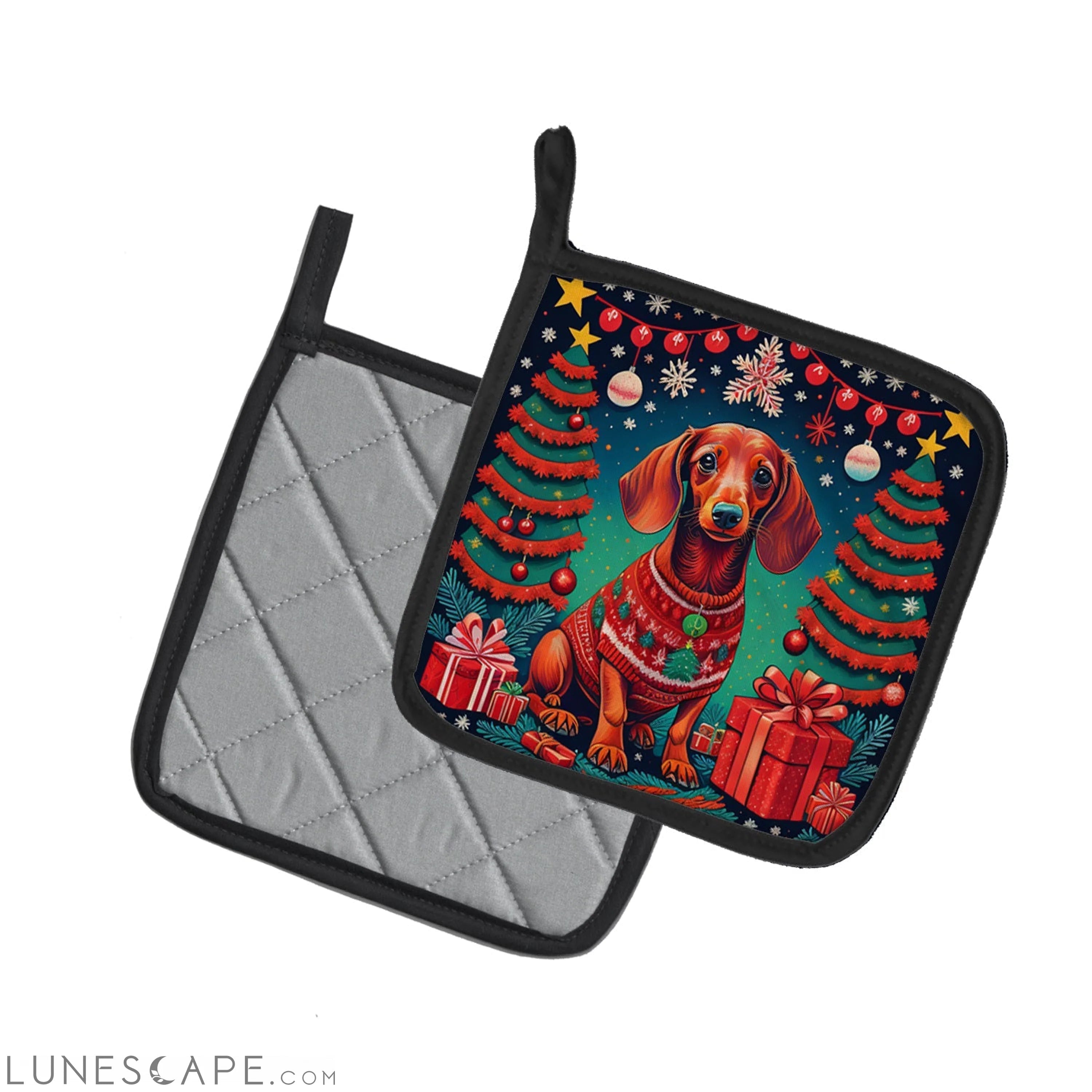 Dachshund Christmas Pair of Pot Holders LUNESCAPE