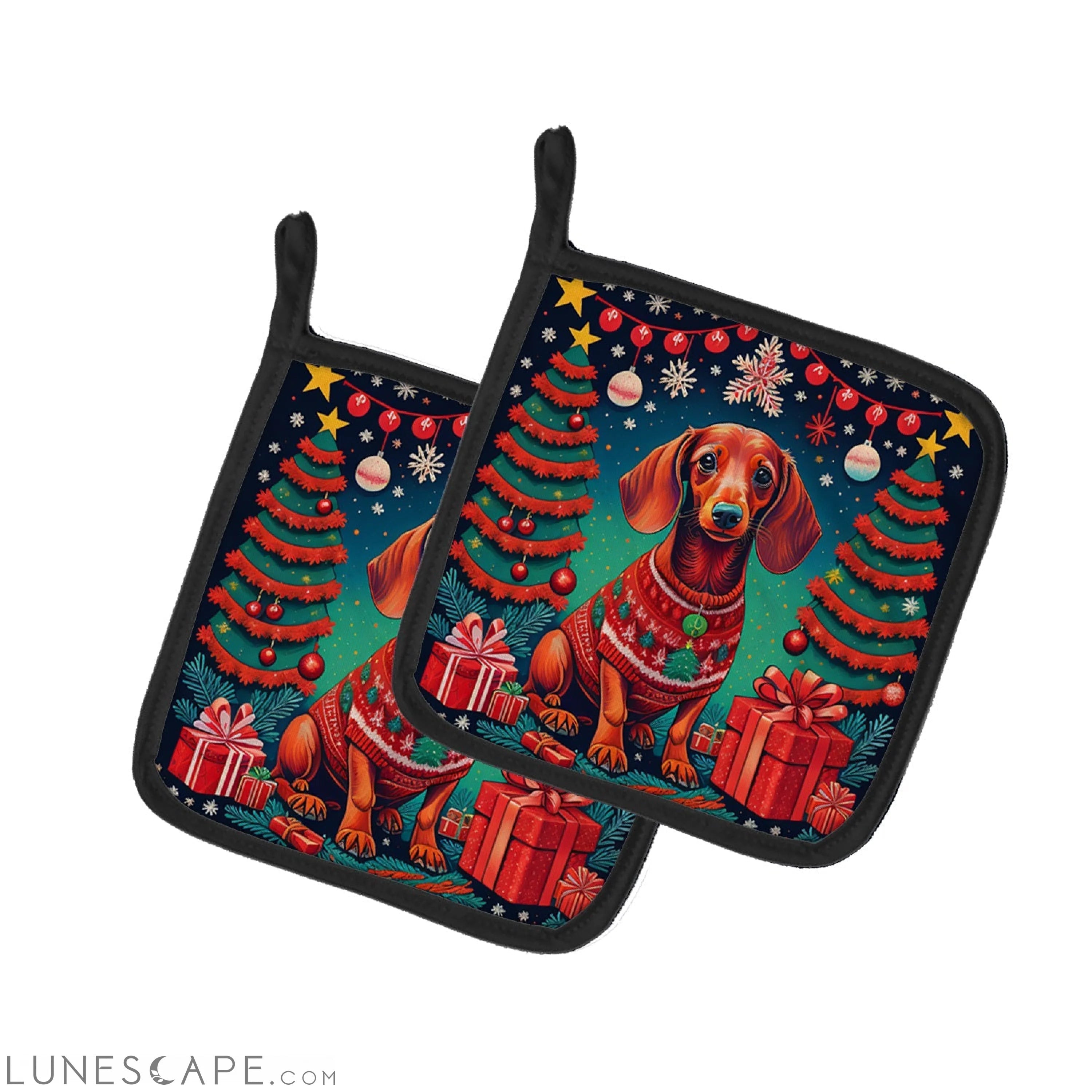 Dachshund Christmas Pair of Pot Holders LUNESCAPE