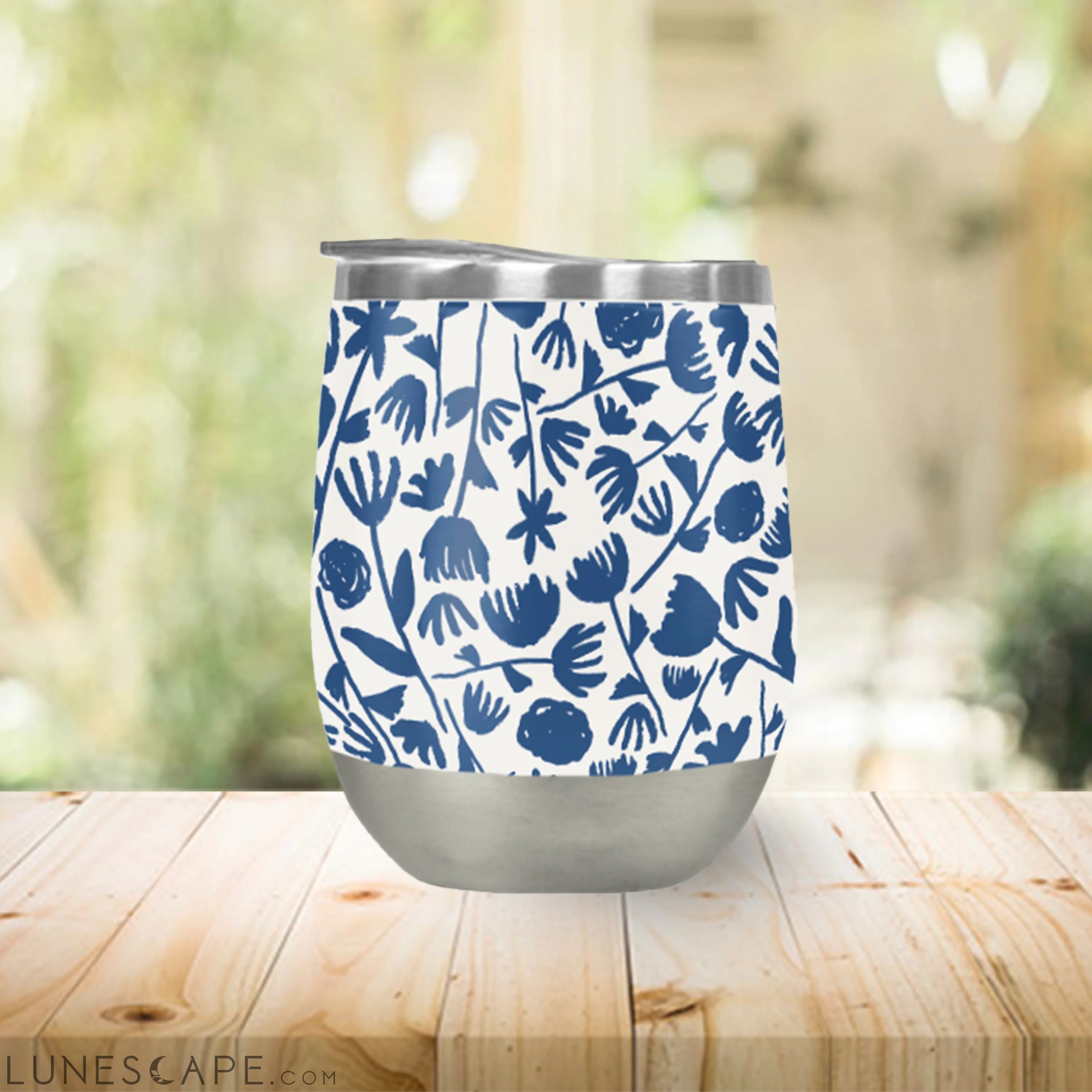 Dark Blue Ink Floral Wine Tumbler LUNESCAPE