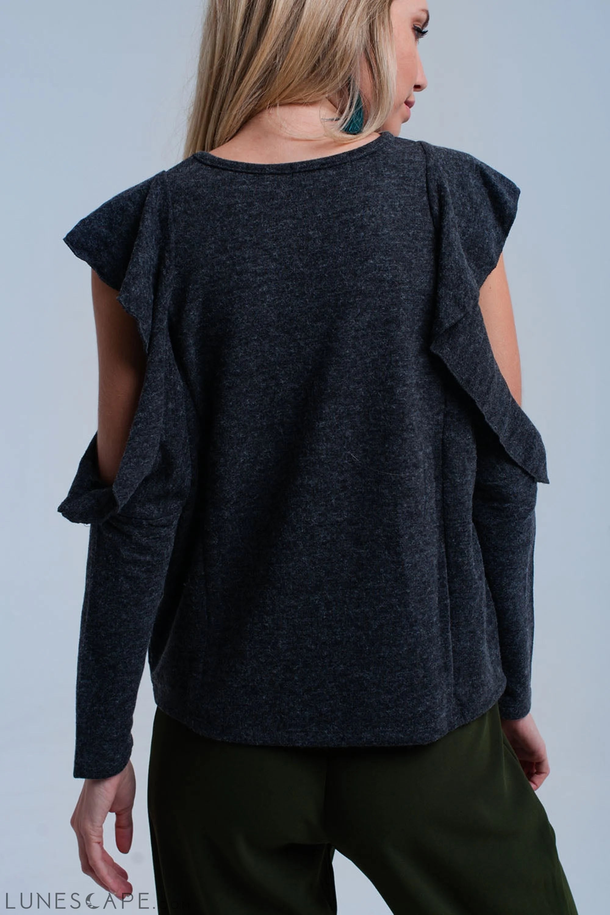 Dark Gray Top With Ruffle and Open Detail LUNESCAPE