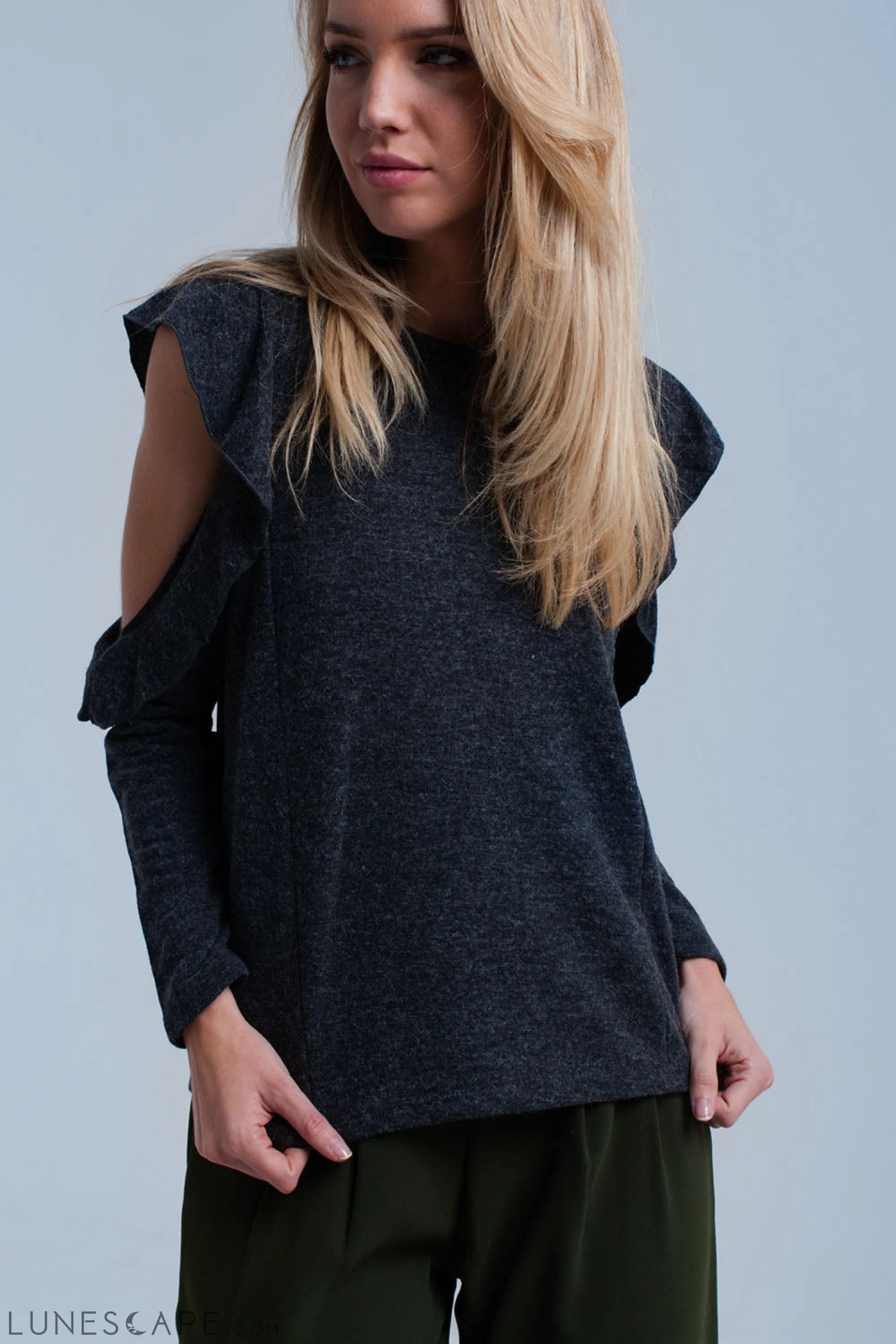 Dark Gray Top With Ruffle and Open Detail LUNESCAPE