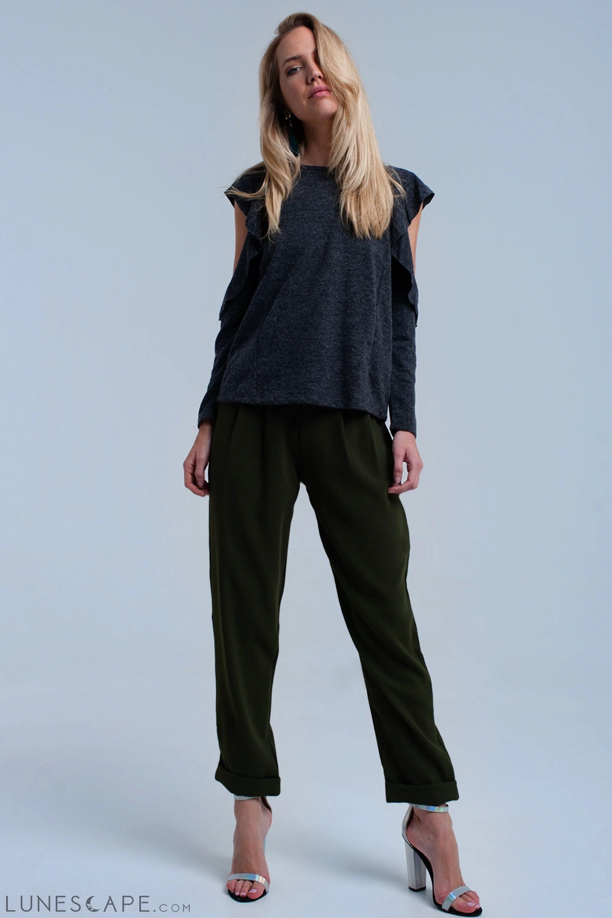 Dark Gray Top With Ruffle and Open Detail LUNESCAPE