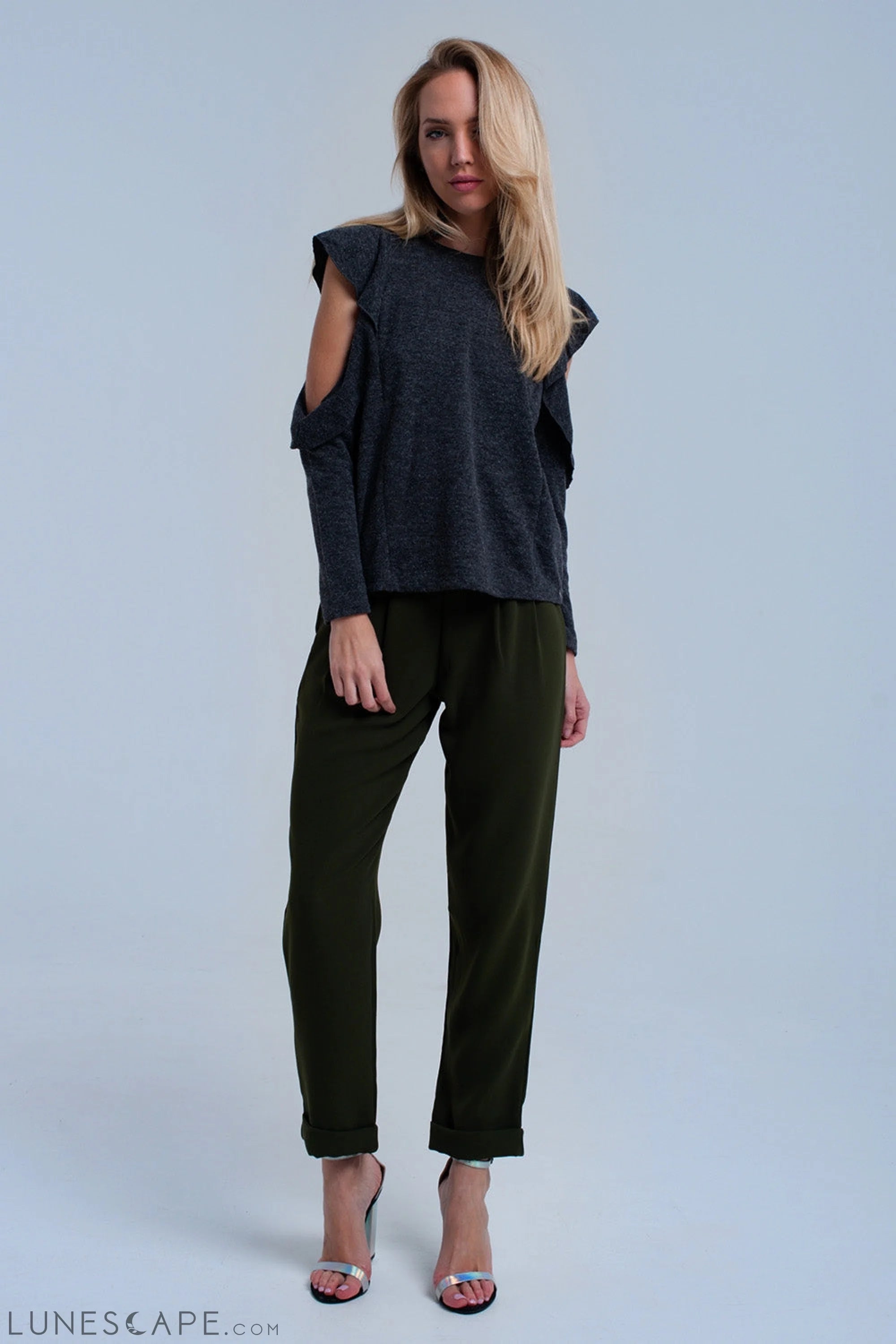 Dark Gray Top With Ruffle and Open Detail LUNESCAPE