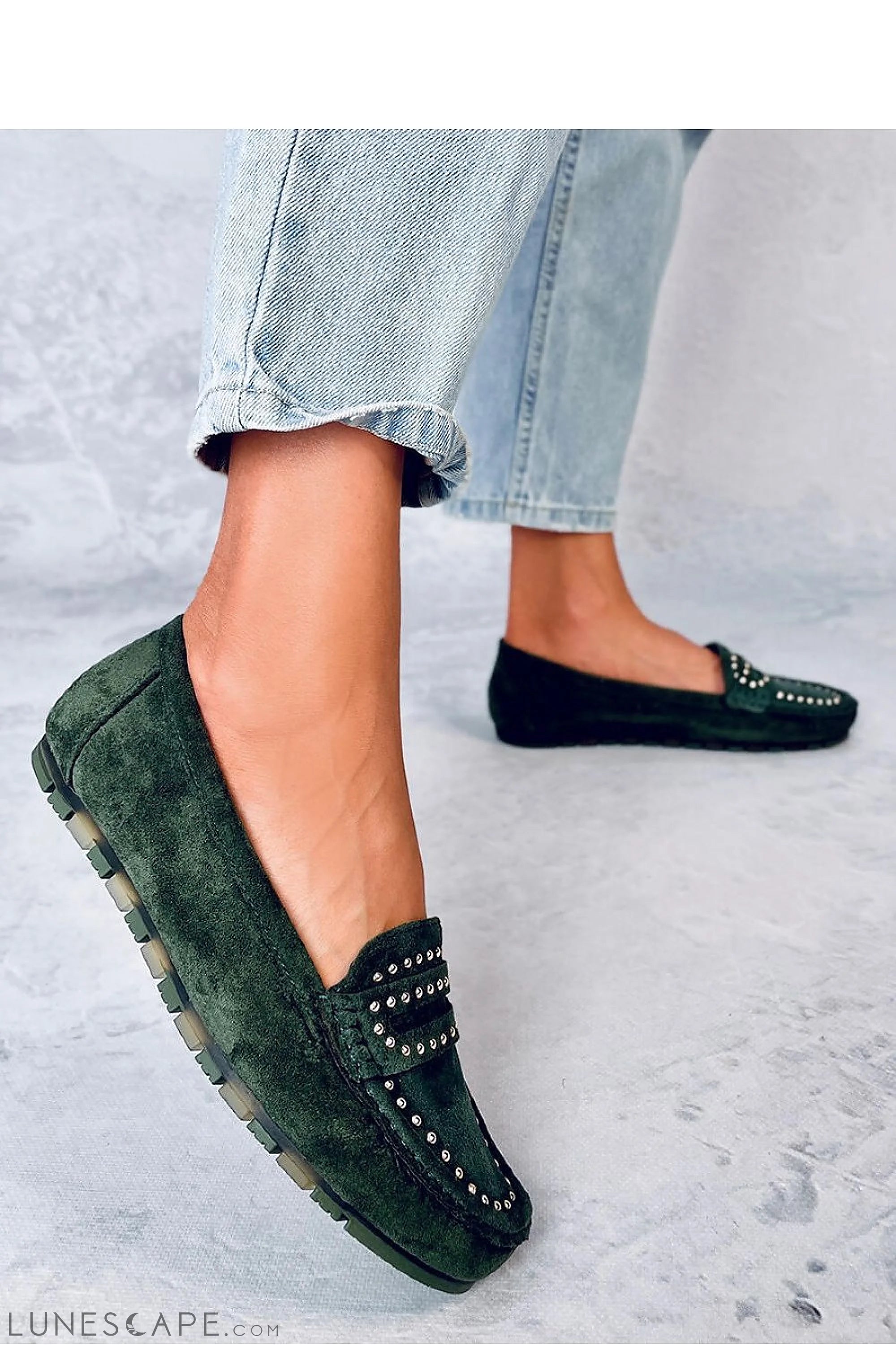 Dark Green Eco-Suede Loafers for Women – Studded Driving Moccasins LUNESCAPE