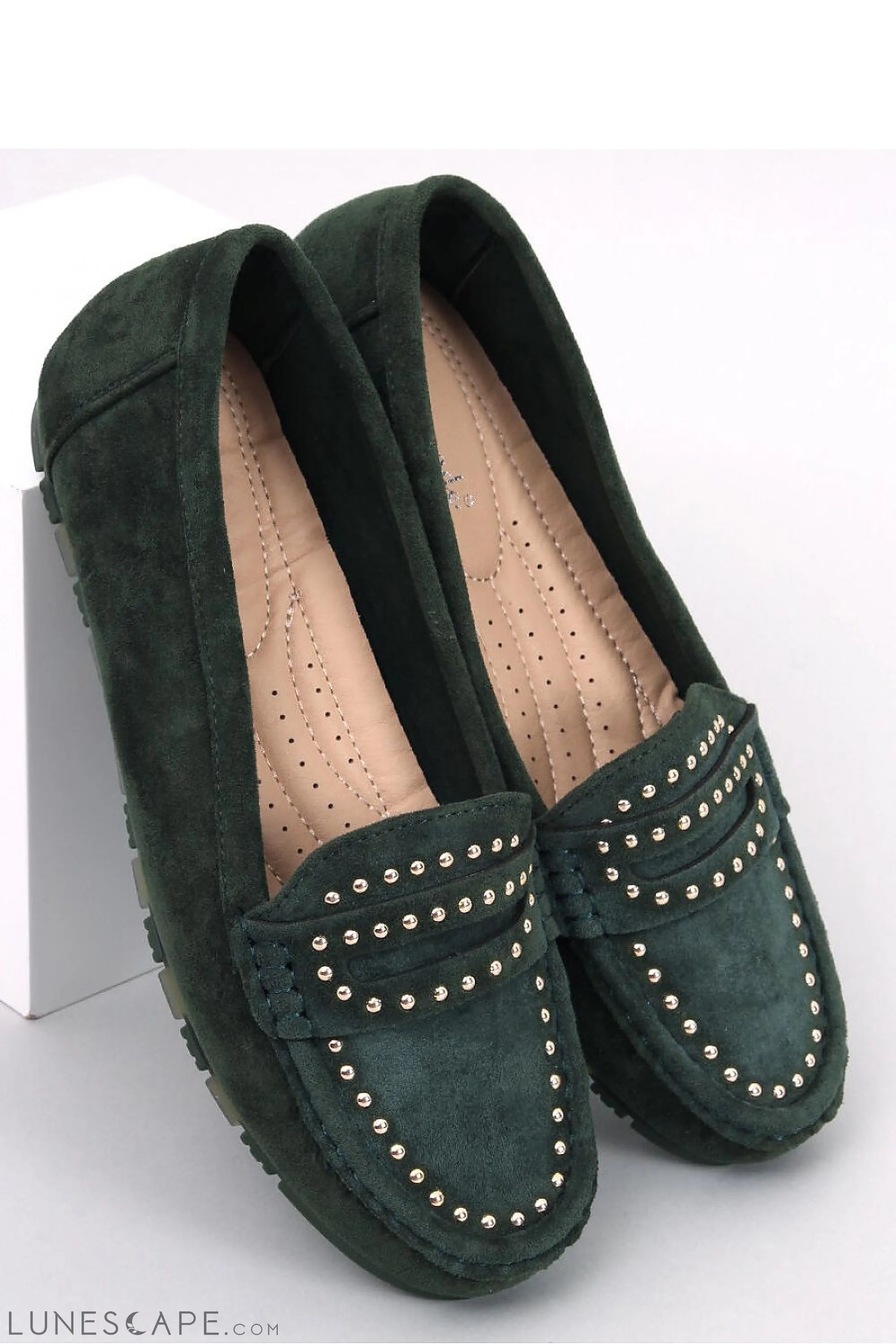 Dark Green Eco-Suede Loafers for Women – Studded Driving Moccasins LUNESCAPE
