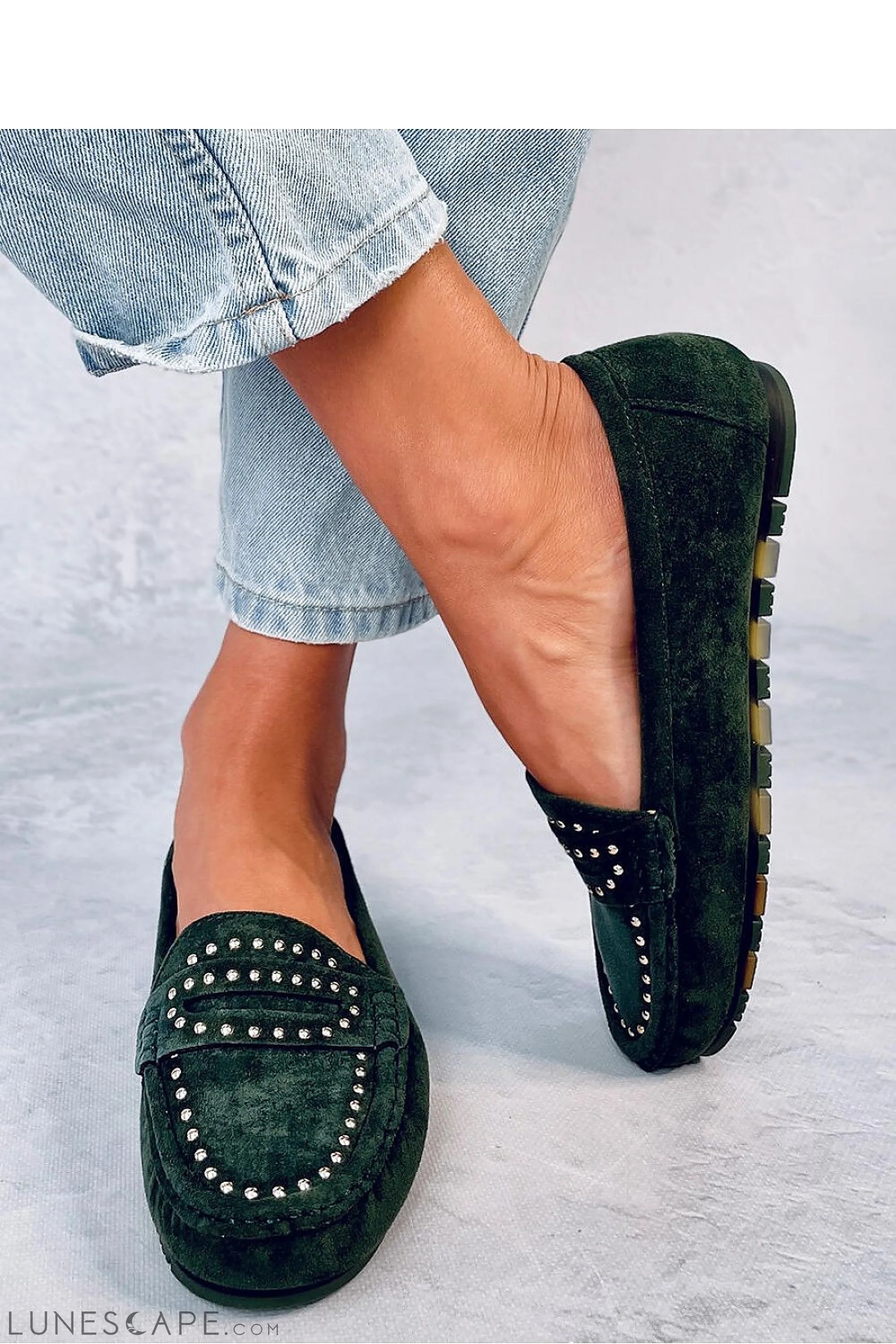 Dark Green Eco-Suede Loafers for Women – Studded Driving Moccasins LUNESCAPE