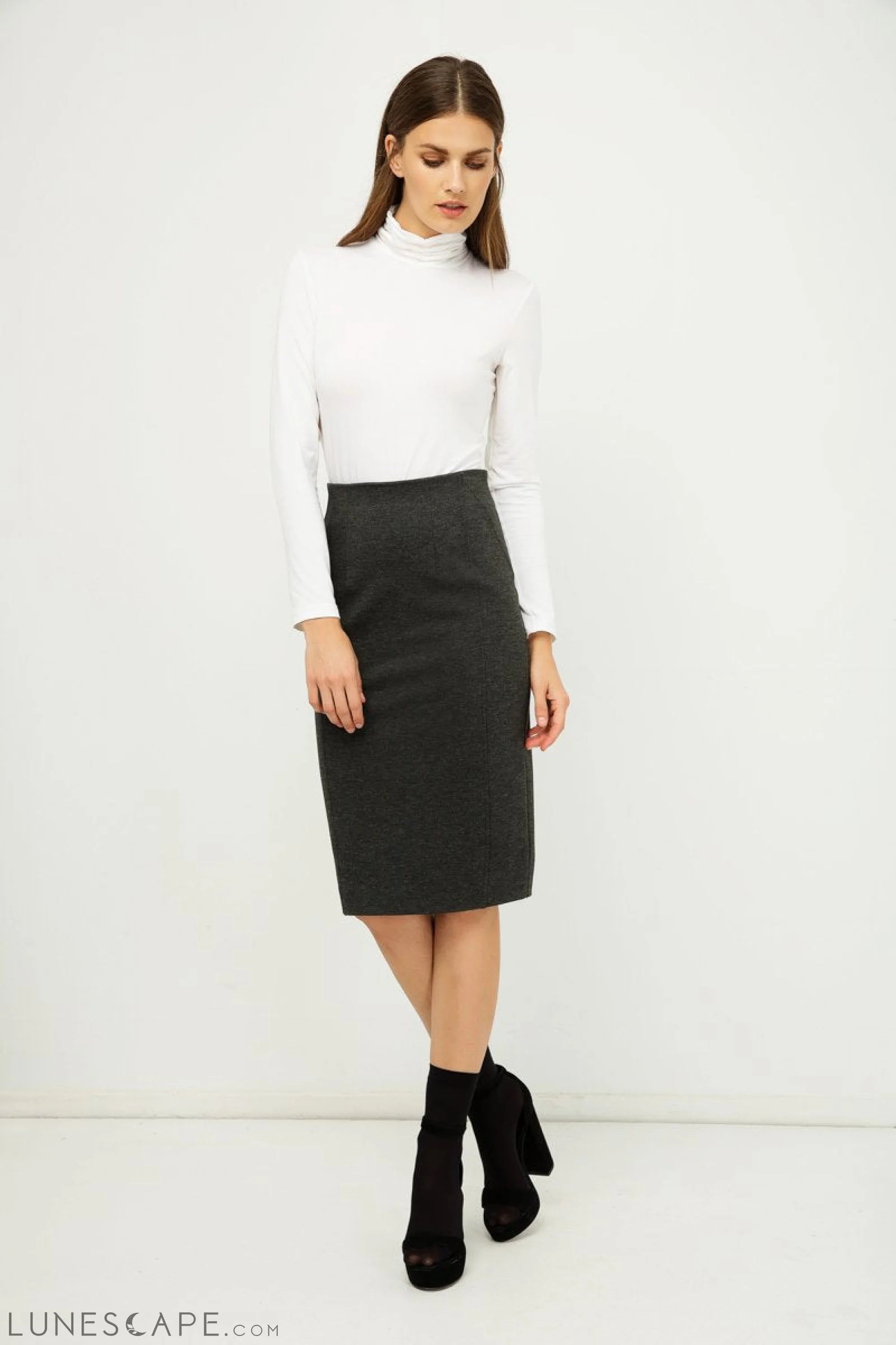 Dark Grey High Waist Fitted Pencil Skirt LUNESCAPE