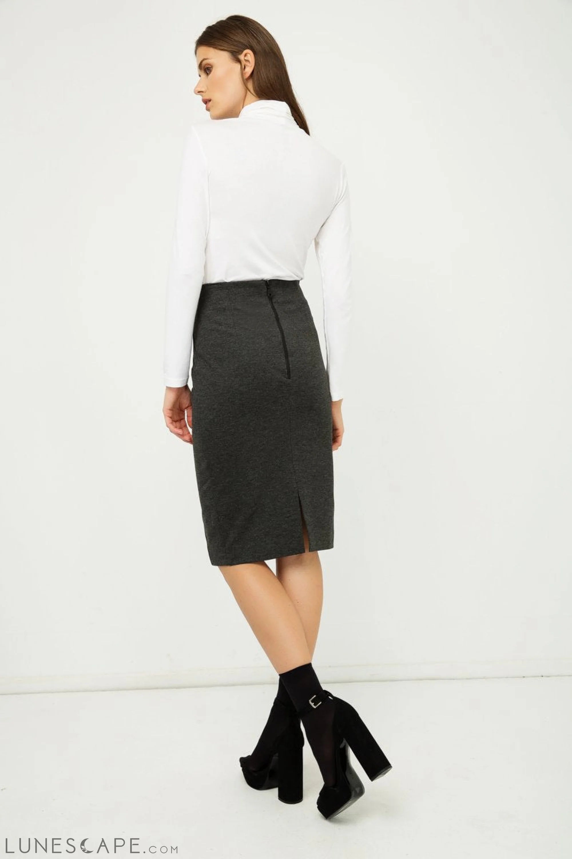 Dark Grey High Waist Fitted Pencil Skirt LUNESCAPE