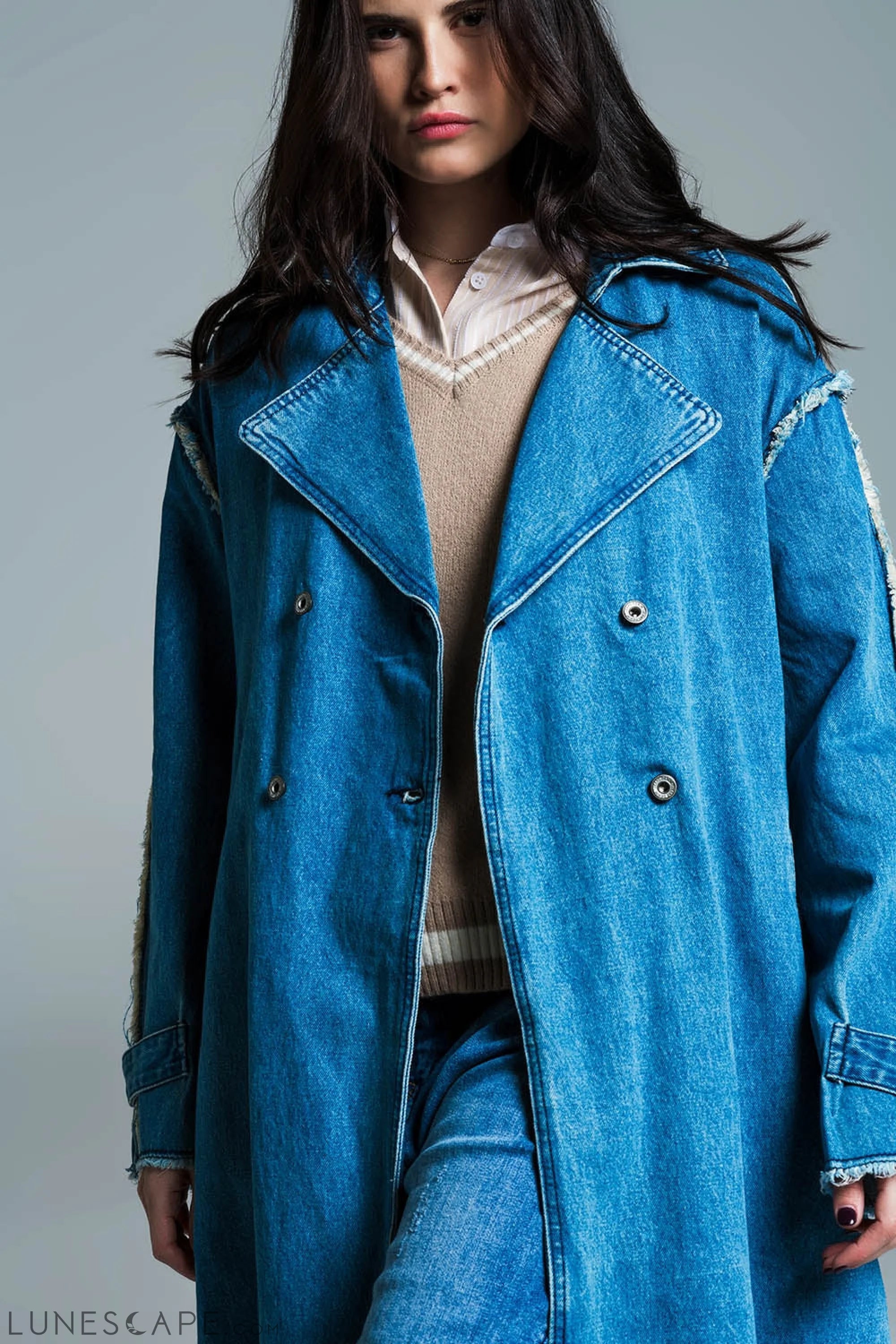 Demin Trench Coat With Belt and Raw Edges in Mid Wash LUNESCAPE
