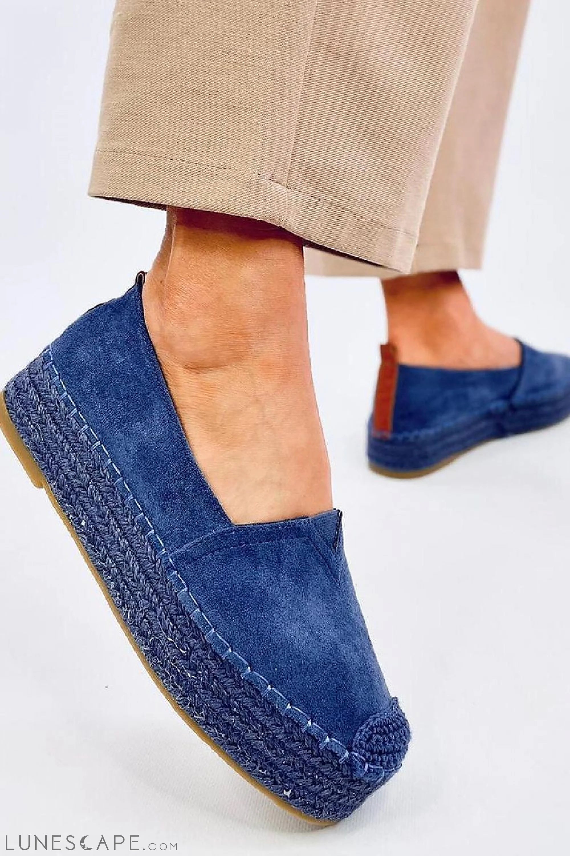 Denim Blue Slip-on Flatform Espadrilles Braided with Jute Platform & Cap Toe LUNESCAPE