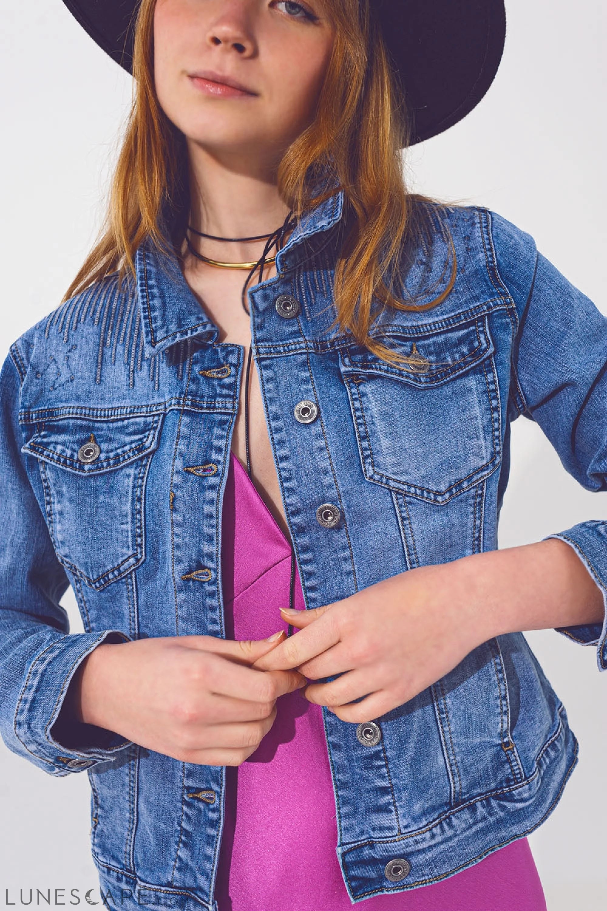 Denim Jacket in Light Blue Wash With Sequin Detail LUNESCAPE