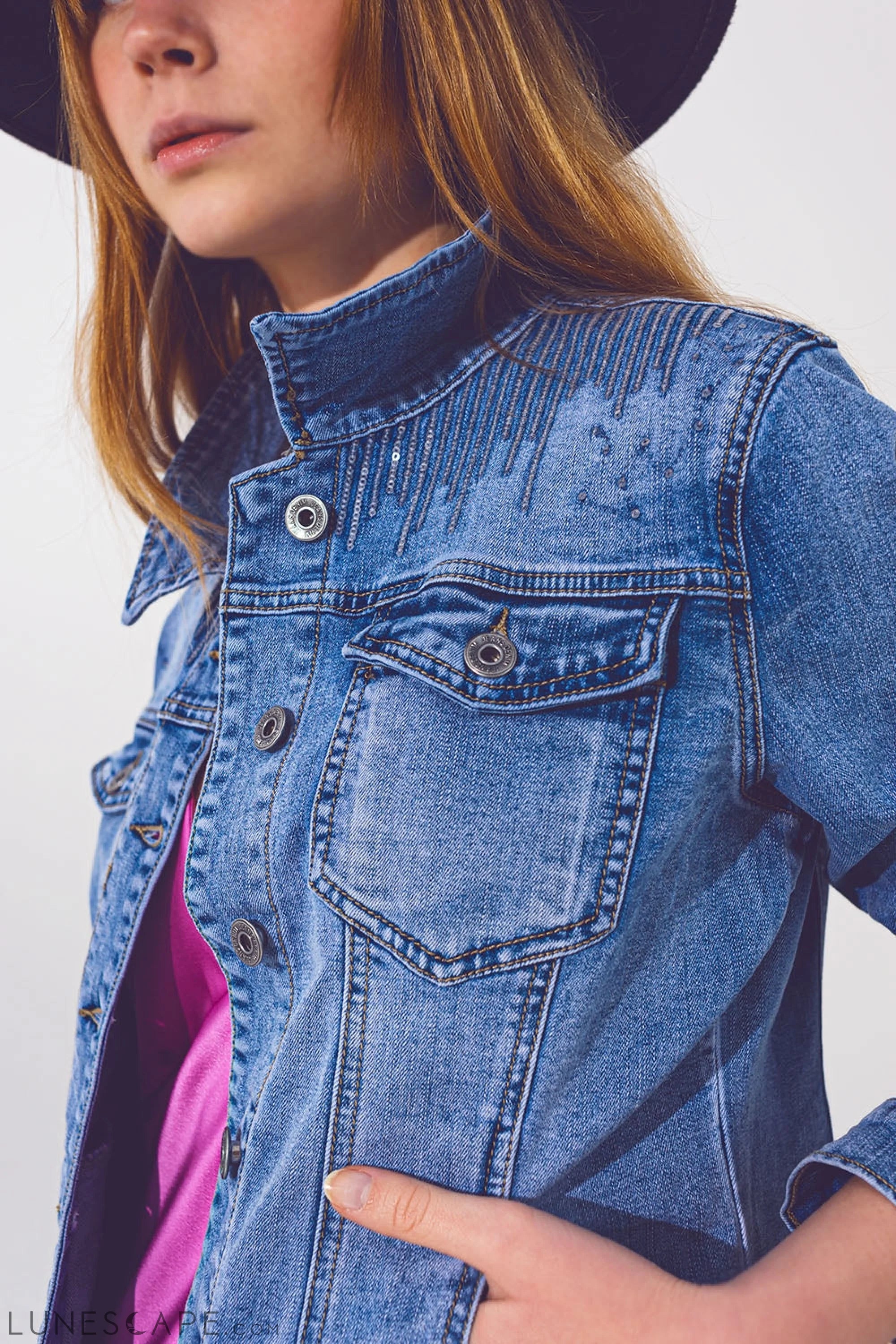 Denim Jacket in Light Blue Wash With Sequin Detail LUNESCAPE