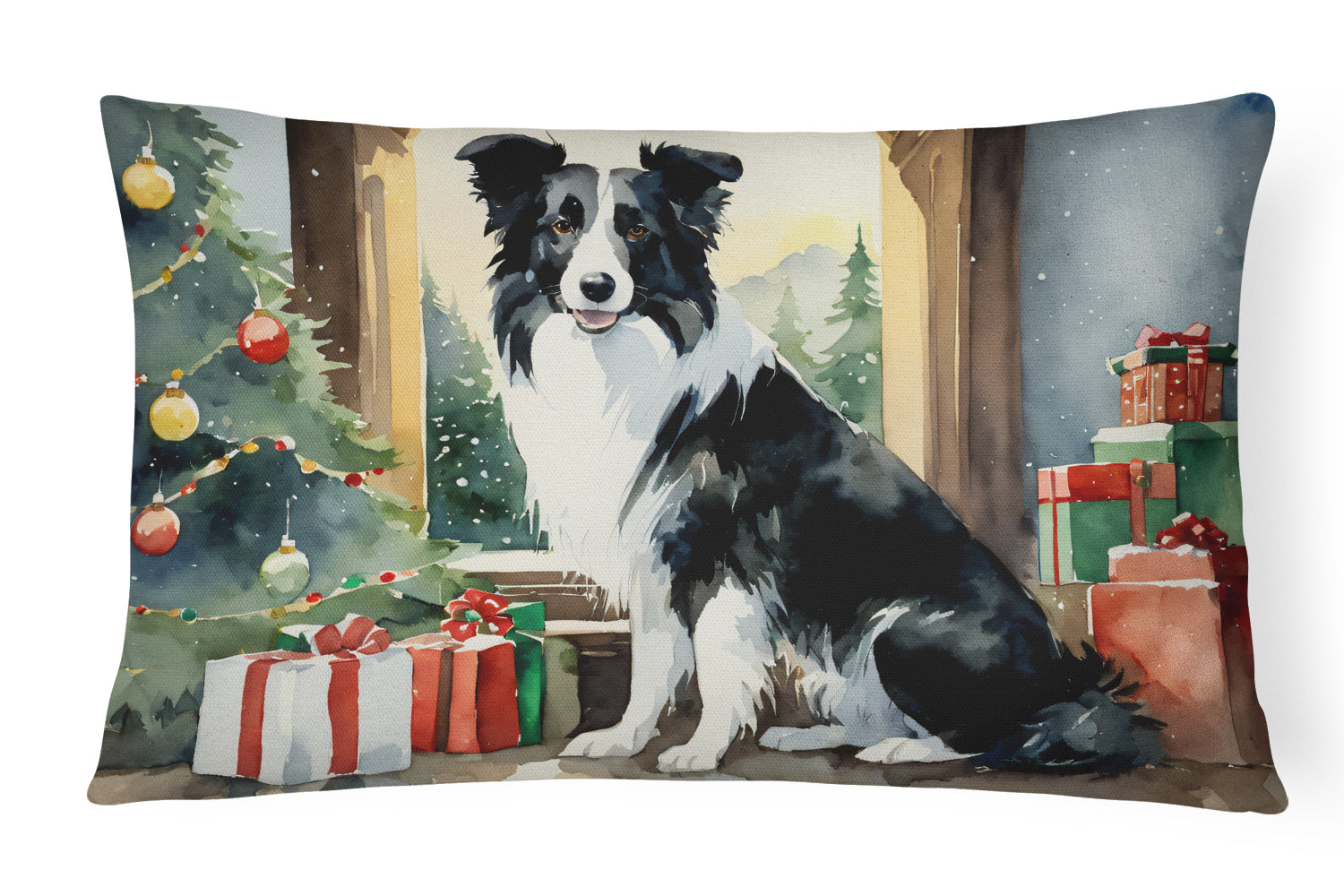 Border Collie Cozy Christmas Throw Pillow LUNESCAPE