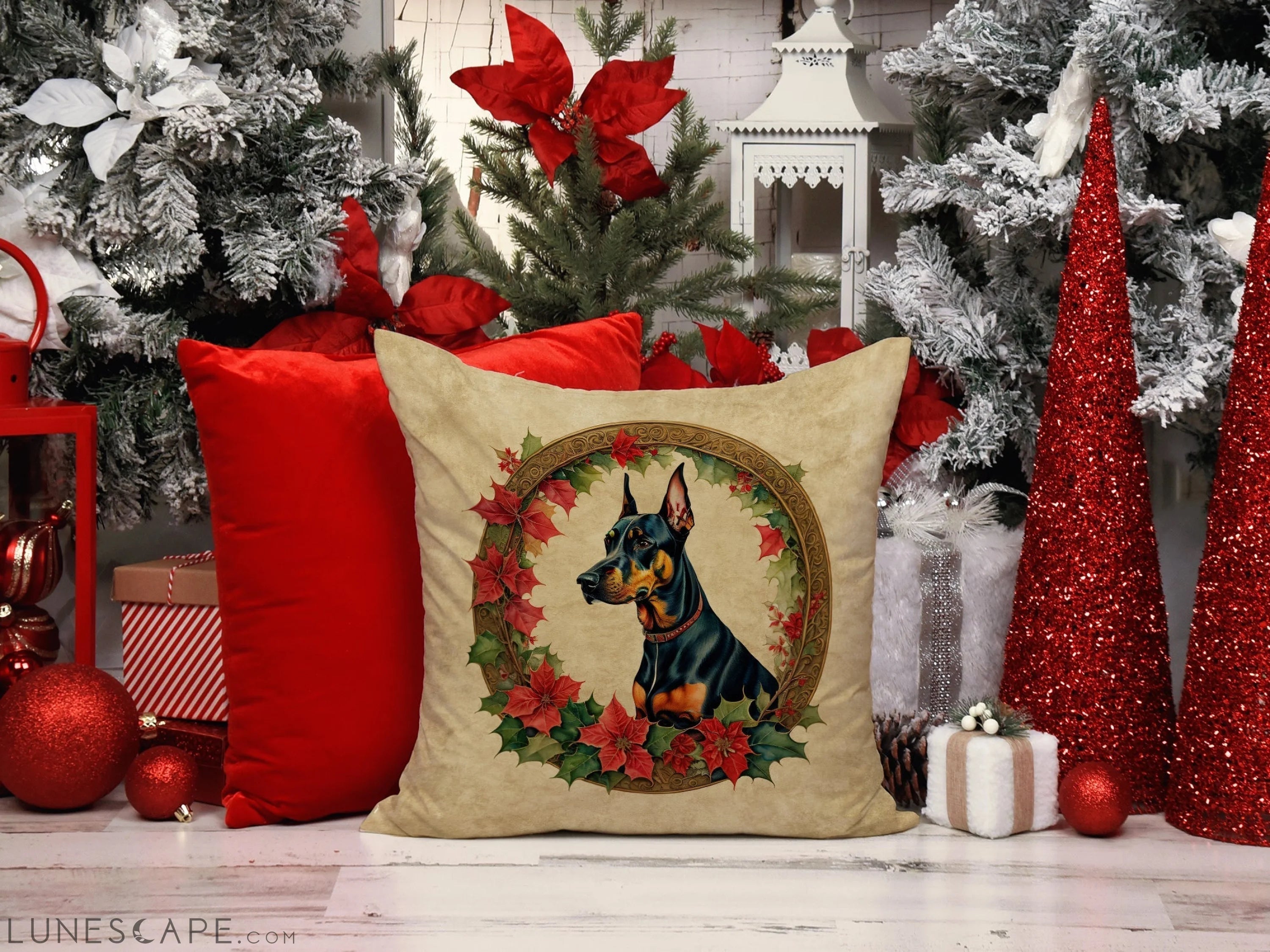 Doberman Pinscher Christmas Flowers Throw Pillow LUNESCAPE