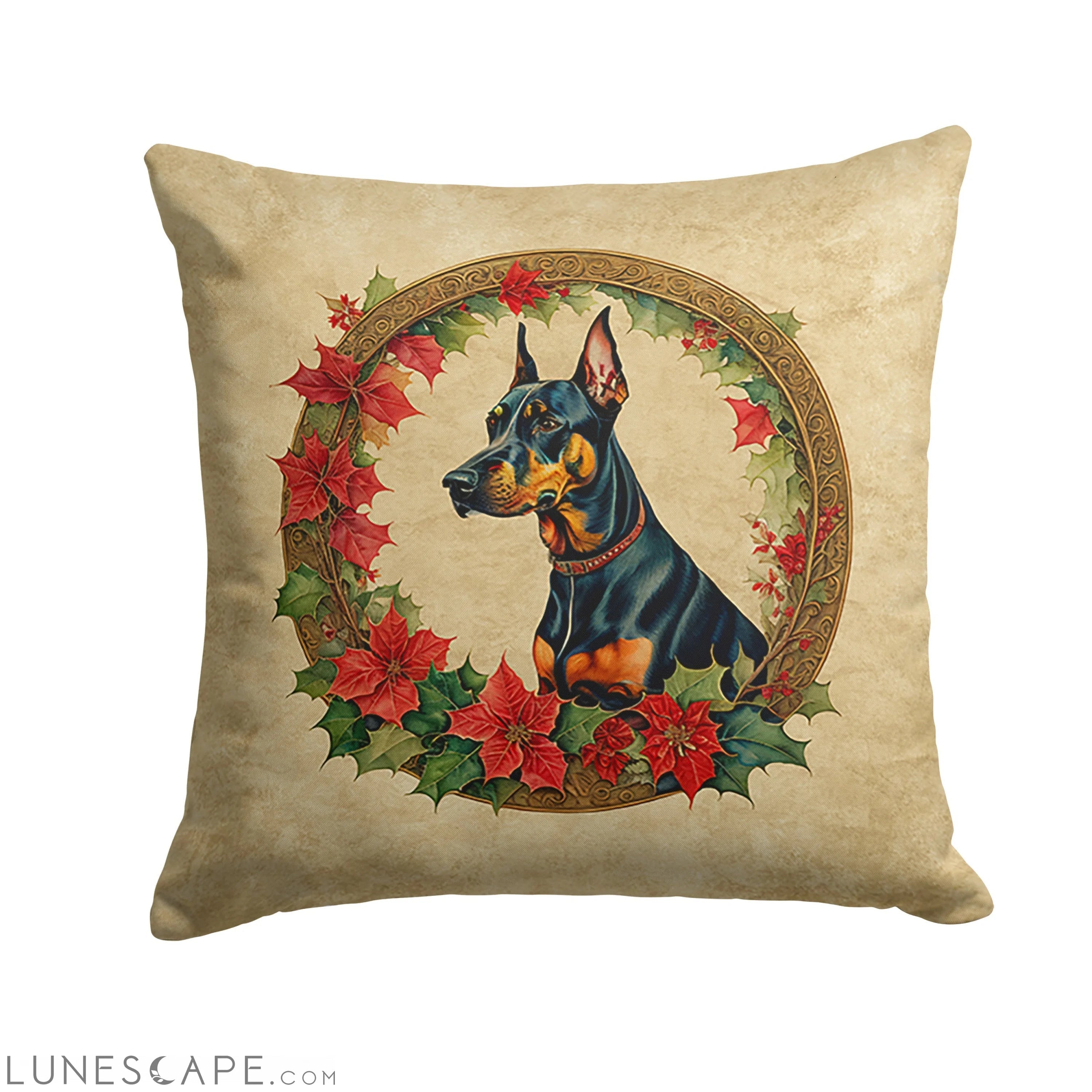 Doberman Pinscher Christmas Flowers Throw Pillow LUNESCAPE