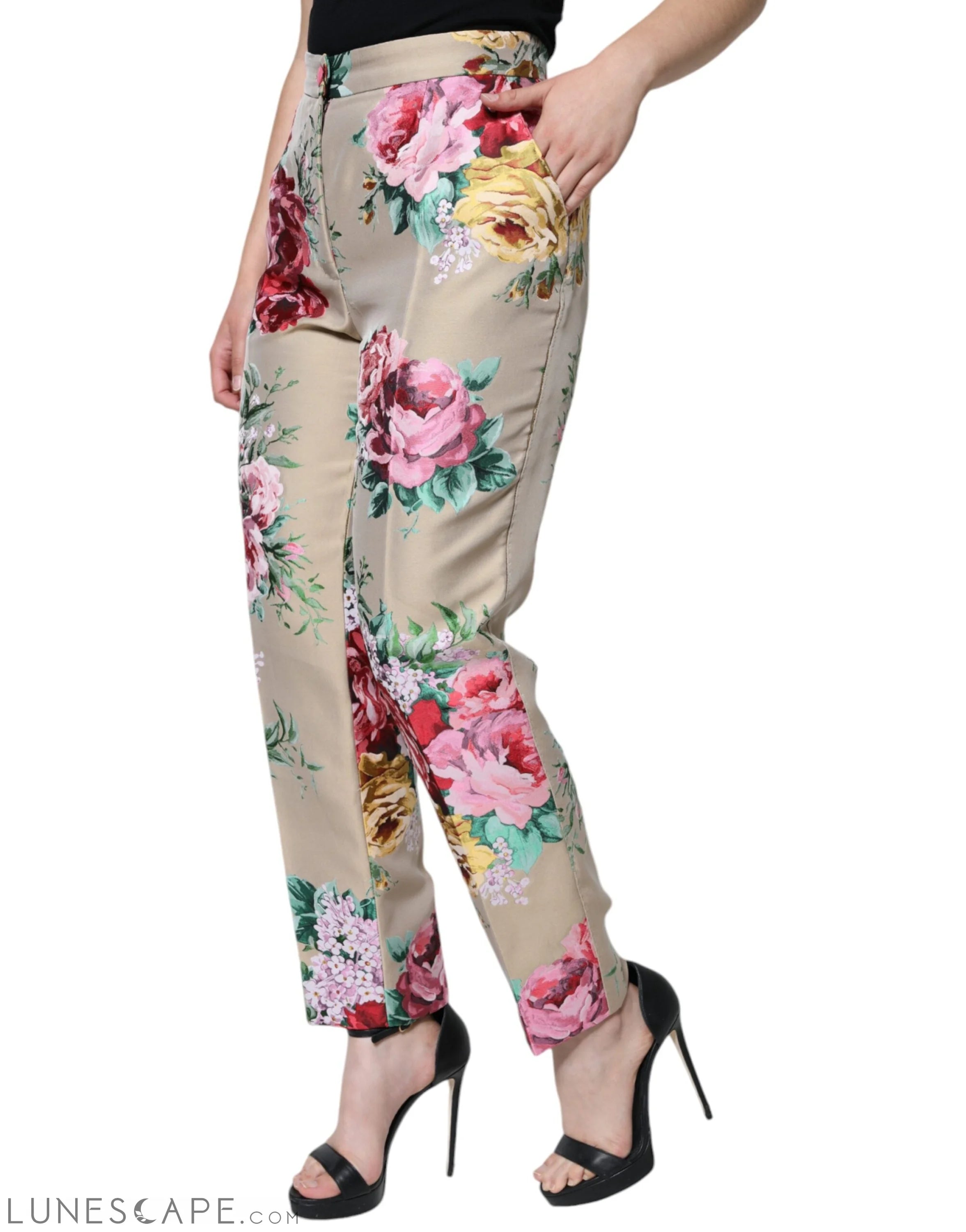 Dolce & Gabbana Beige Floral Jacquard High Waist Tapered Pants LUNESCAPE