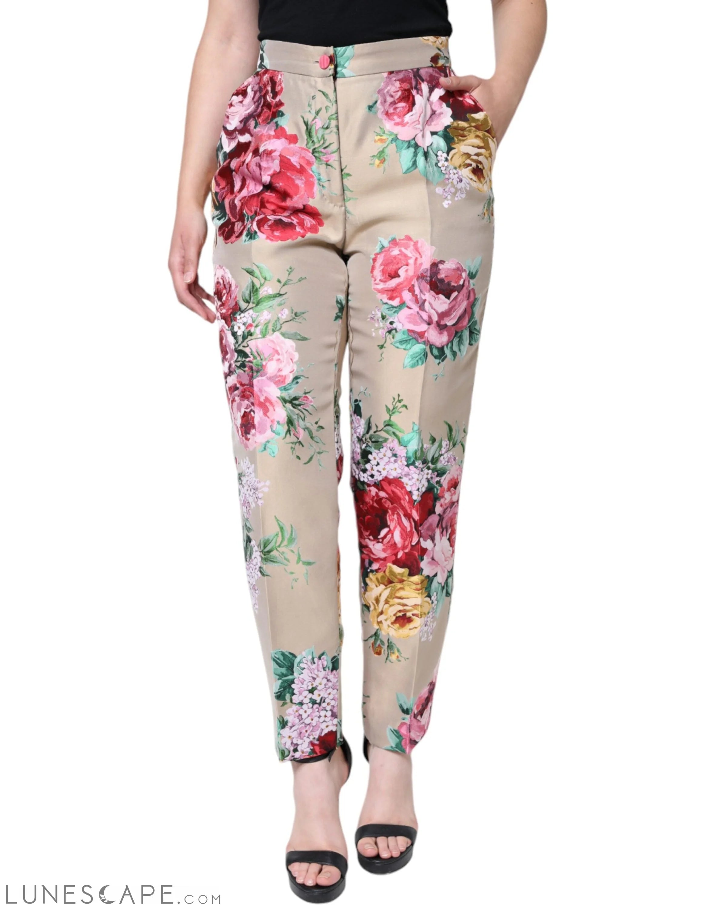 Dolce & Gabbana Beige Floral Jacquard High Waist Tapered Pants LUNESCAPE