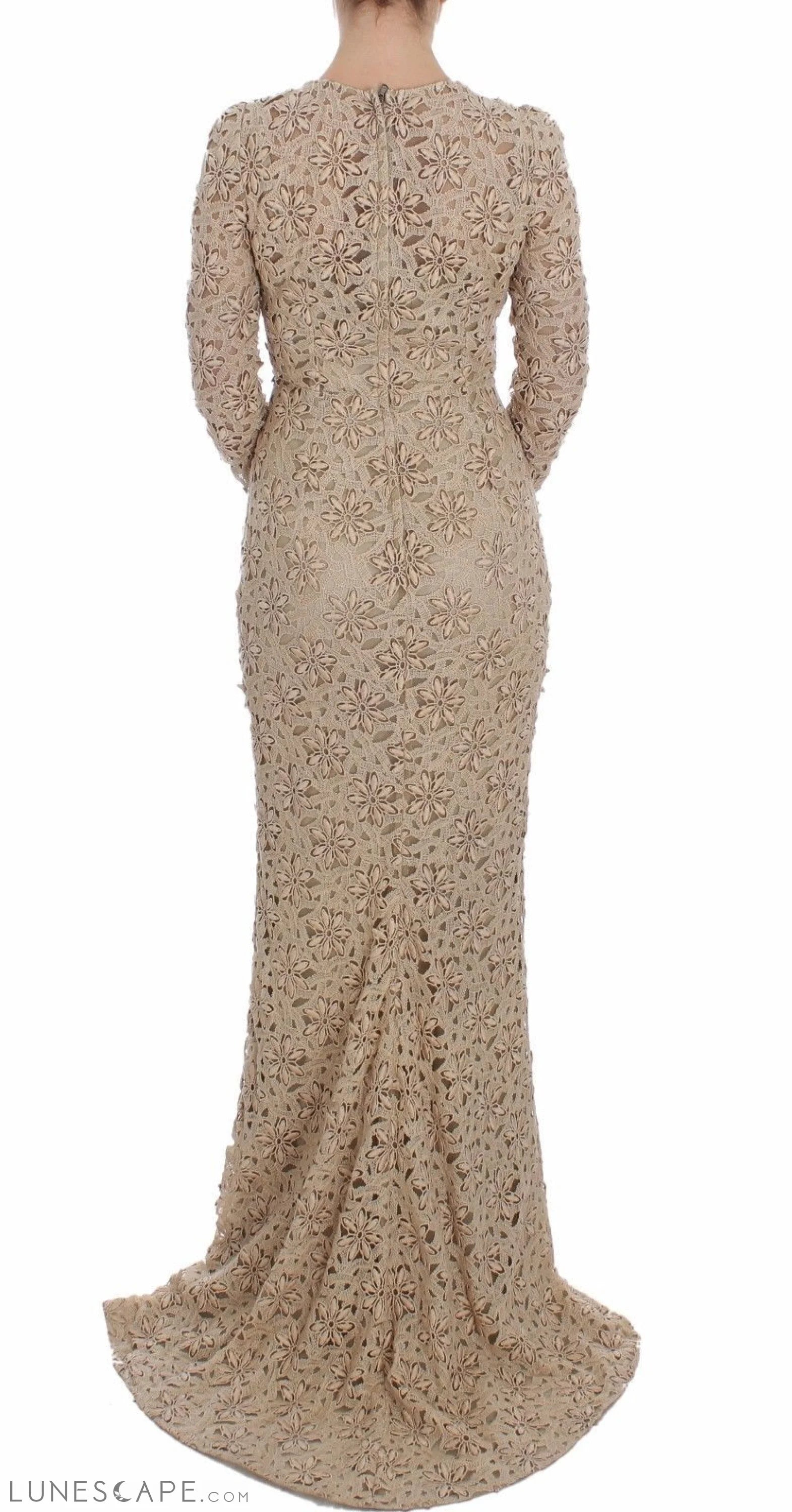 Dolce & Gabbana Beige Floral Lace Long Sleeve Maxi Dress LUNESCAPE