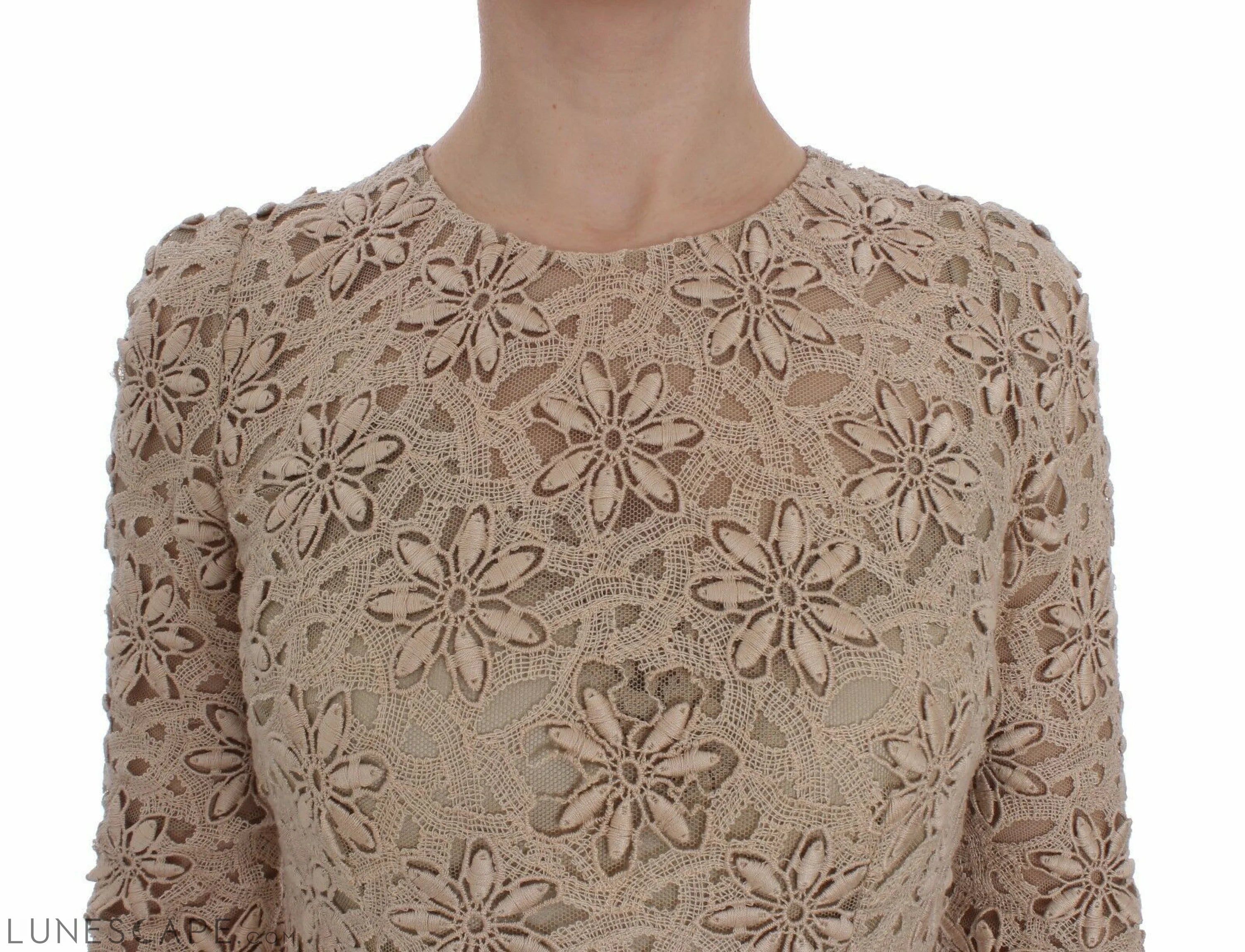 Dolce & Gabbana Beige Floral Lace Long Sleeve Maxi Dress LUNESCAPE