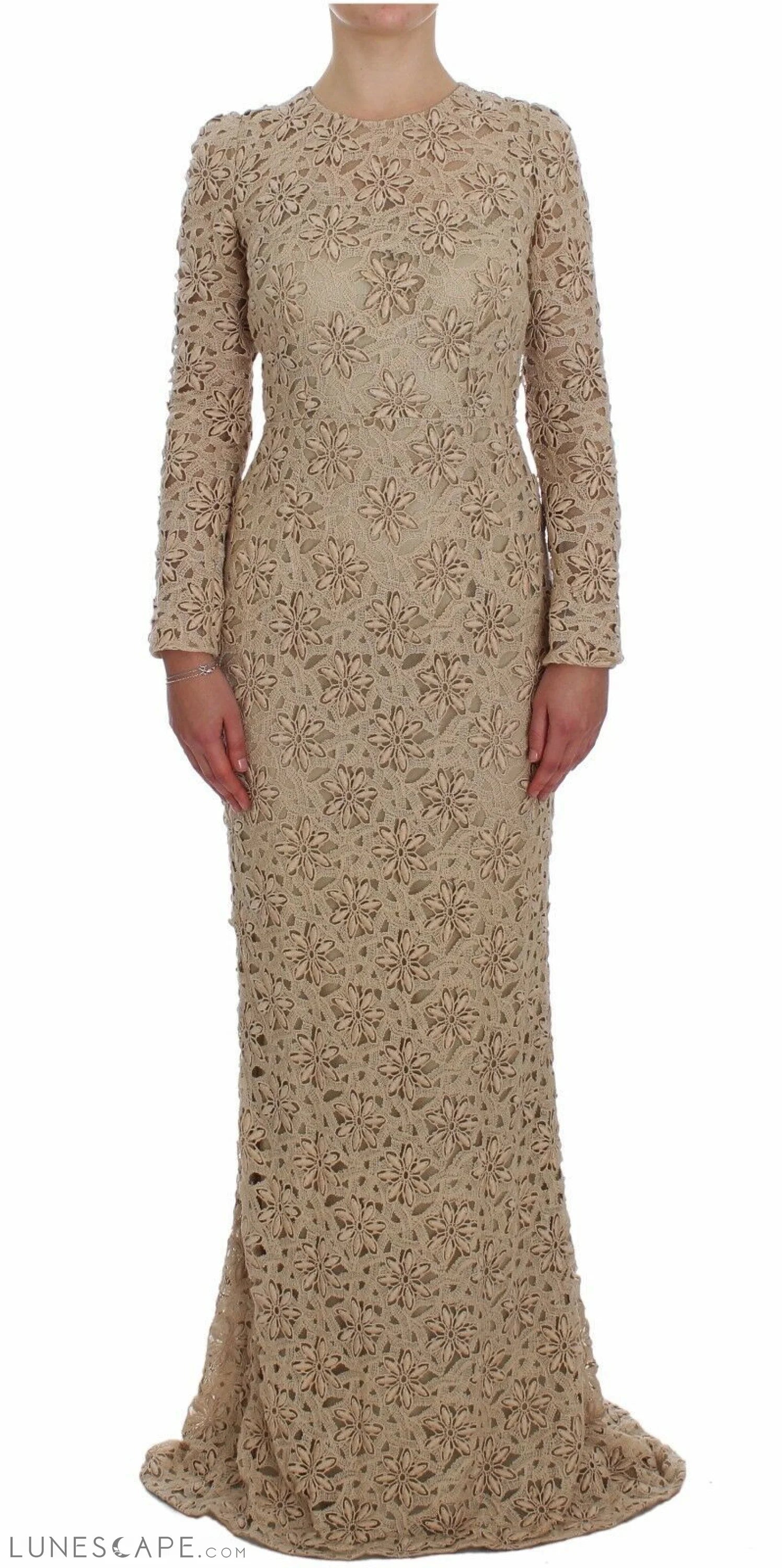 Dolce & Gabbana Beige Floral Lace Long Sleeve Maxi Dress LUNESCAPE