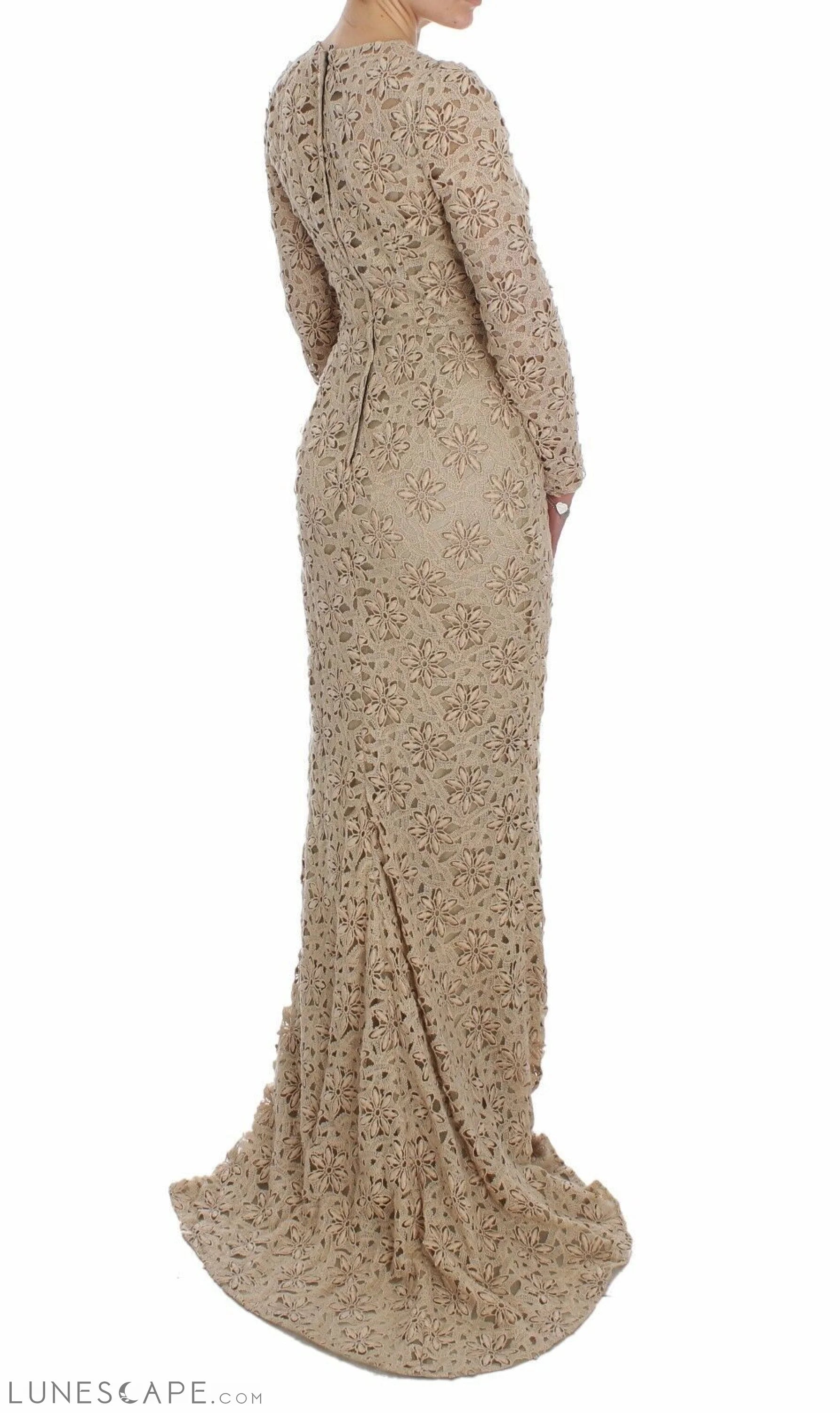 Dolce & Gabbana Beige Floral Lace Long Sleeve Maxi Dress LUNESCAPE