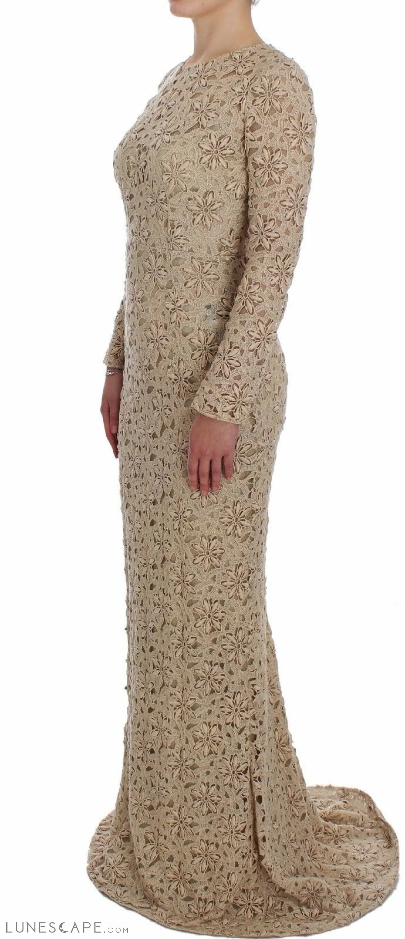 Dolce & Gabbana Beige Floral Lace Long Sleeve Maxi Dress LUNESCAPE