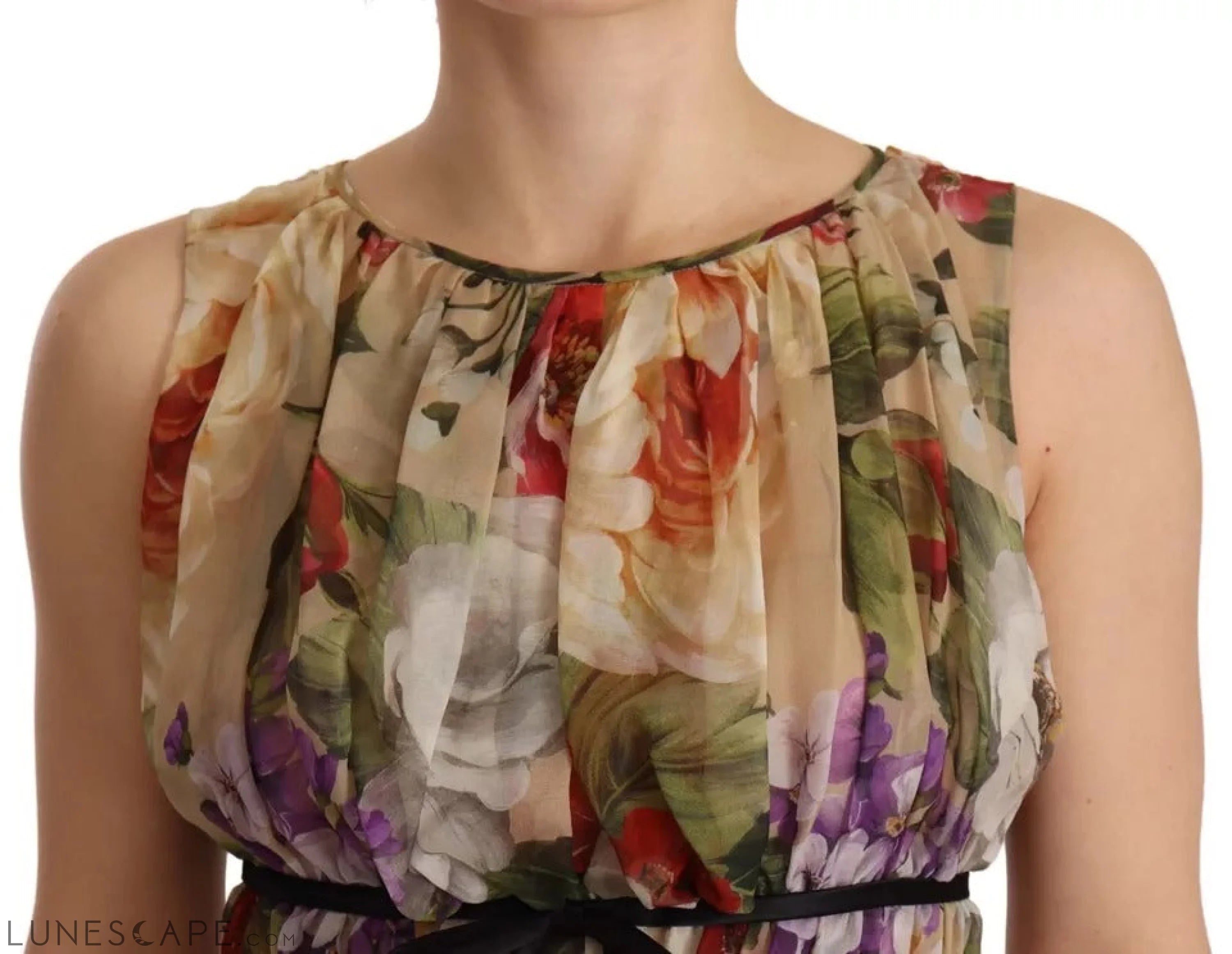 Dolce & Gabbana Beige Floral Sleeveless Round Neck Mini Dress LUNESCAPE