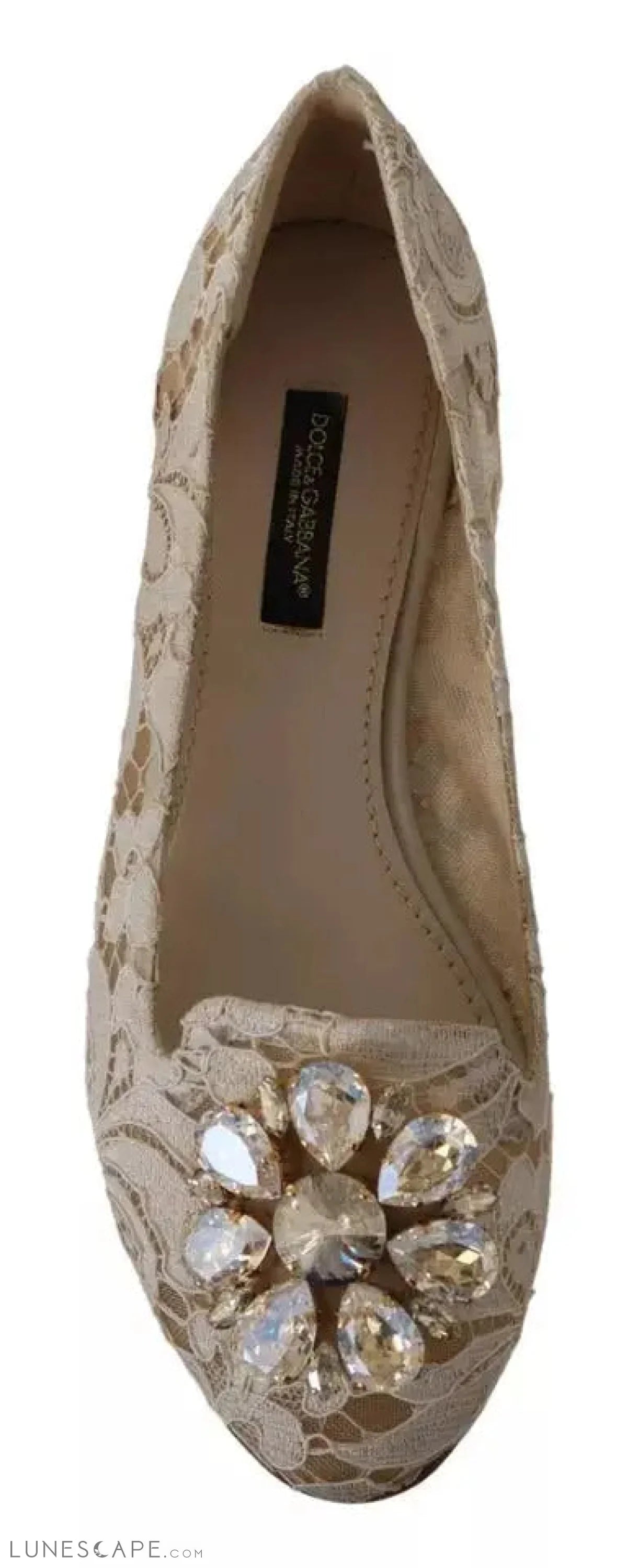 Dolce & Gabbana Beige Lace Crystal Ballet Flats Loafers Shoes LUNESCAPE