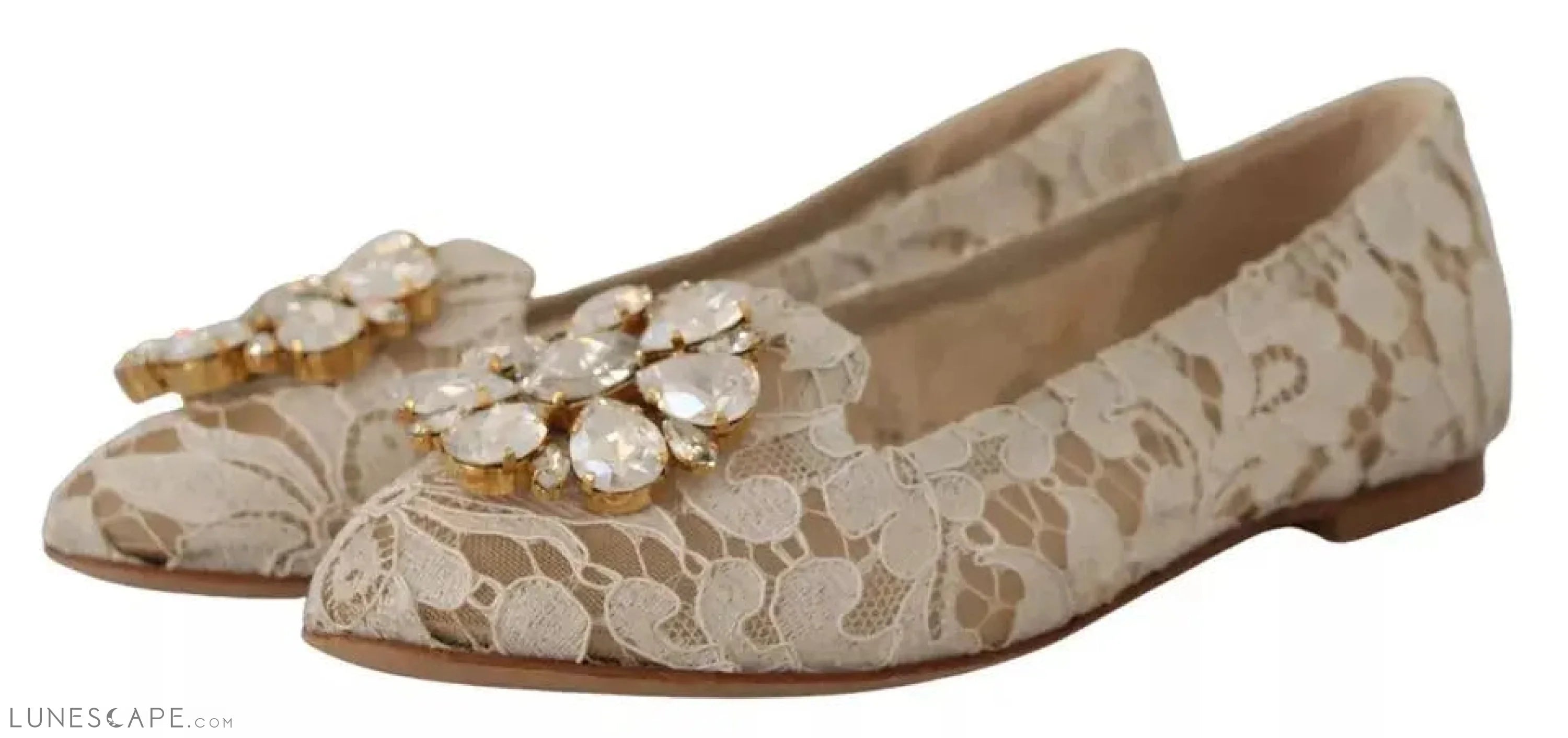 Dolce & Gabbana Beige Lace Crystal Ballet Flats Loafers Shoes LUNESCAPE