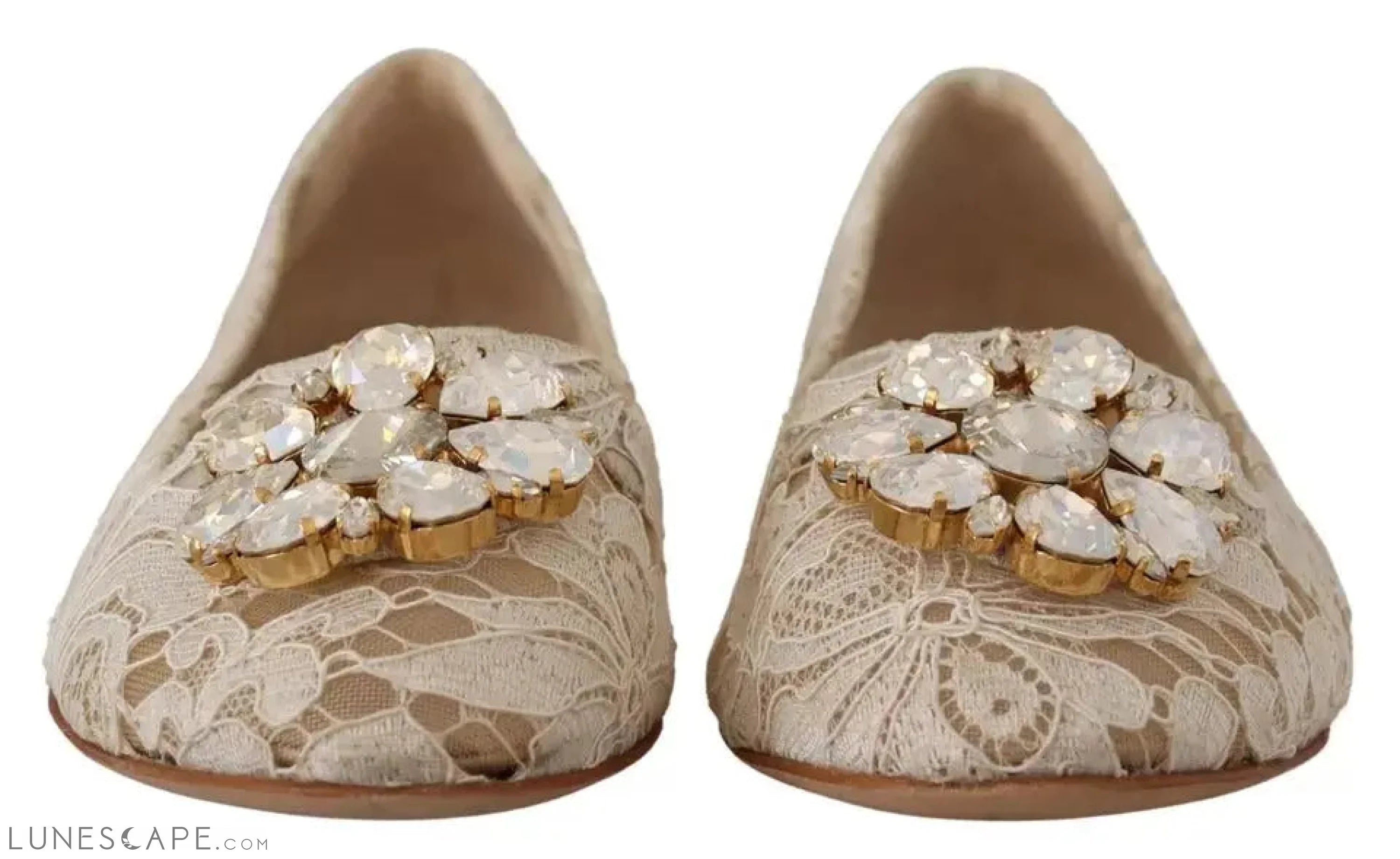 Dolce & Gabbana Beige Lace Crystal Ballet Flats Loafers Shoes LUNESCAPE