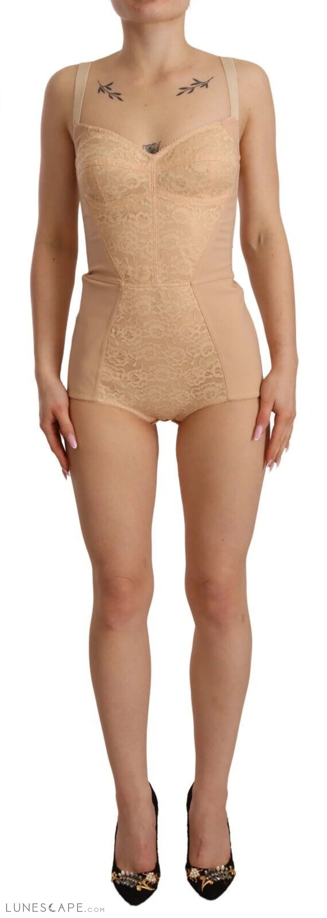 Dolce & Gabbana Beige Lace Panel Stretch Bodysuit LUNESCAPE