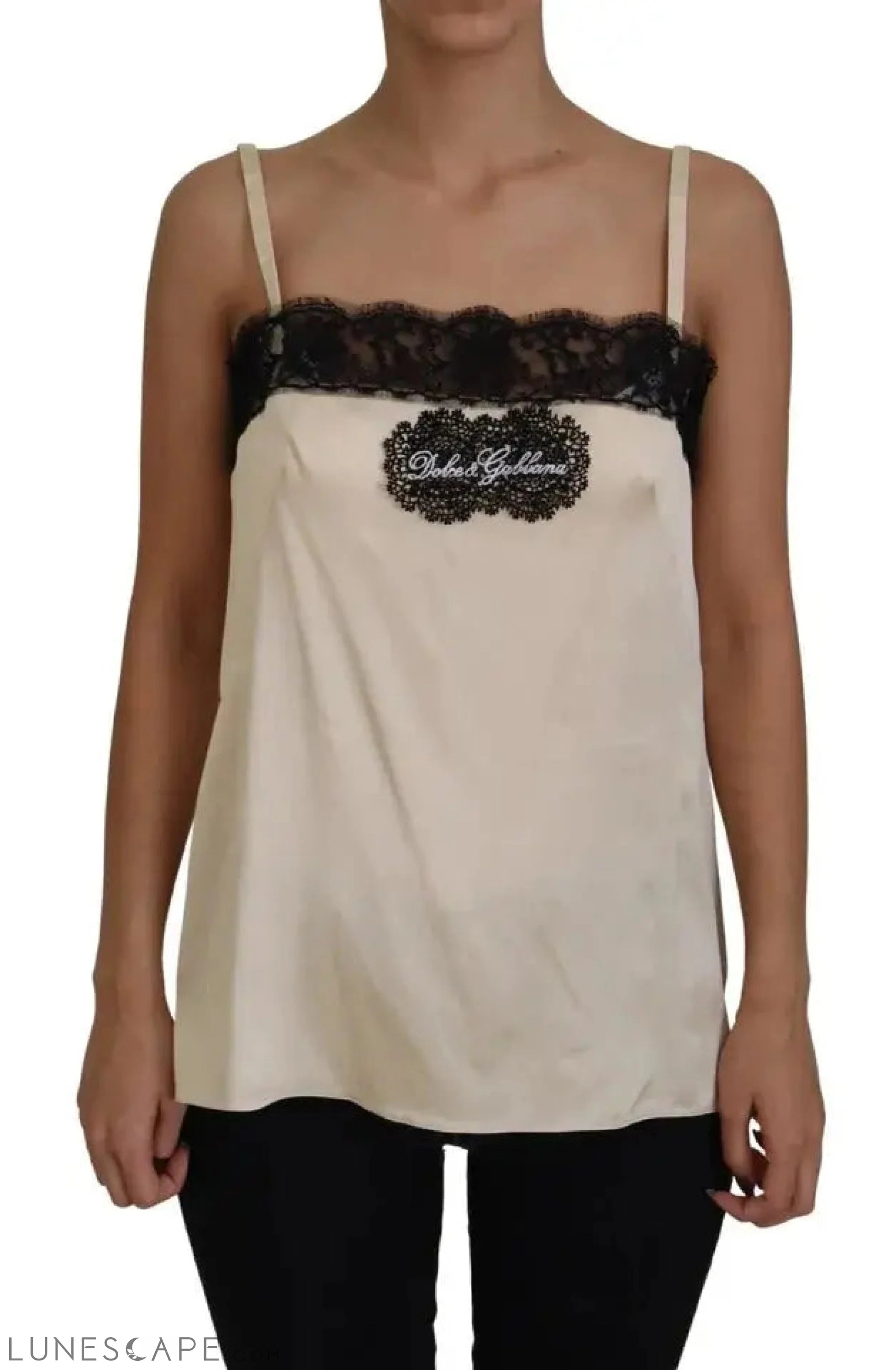 Dolce & Gabbana Beige Lace Spaghetti Logo Embroidery Top LUNESCAPE