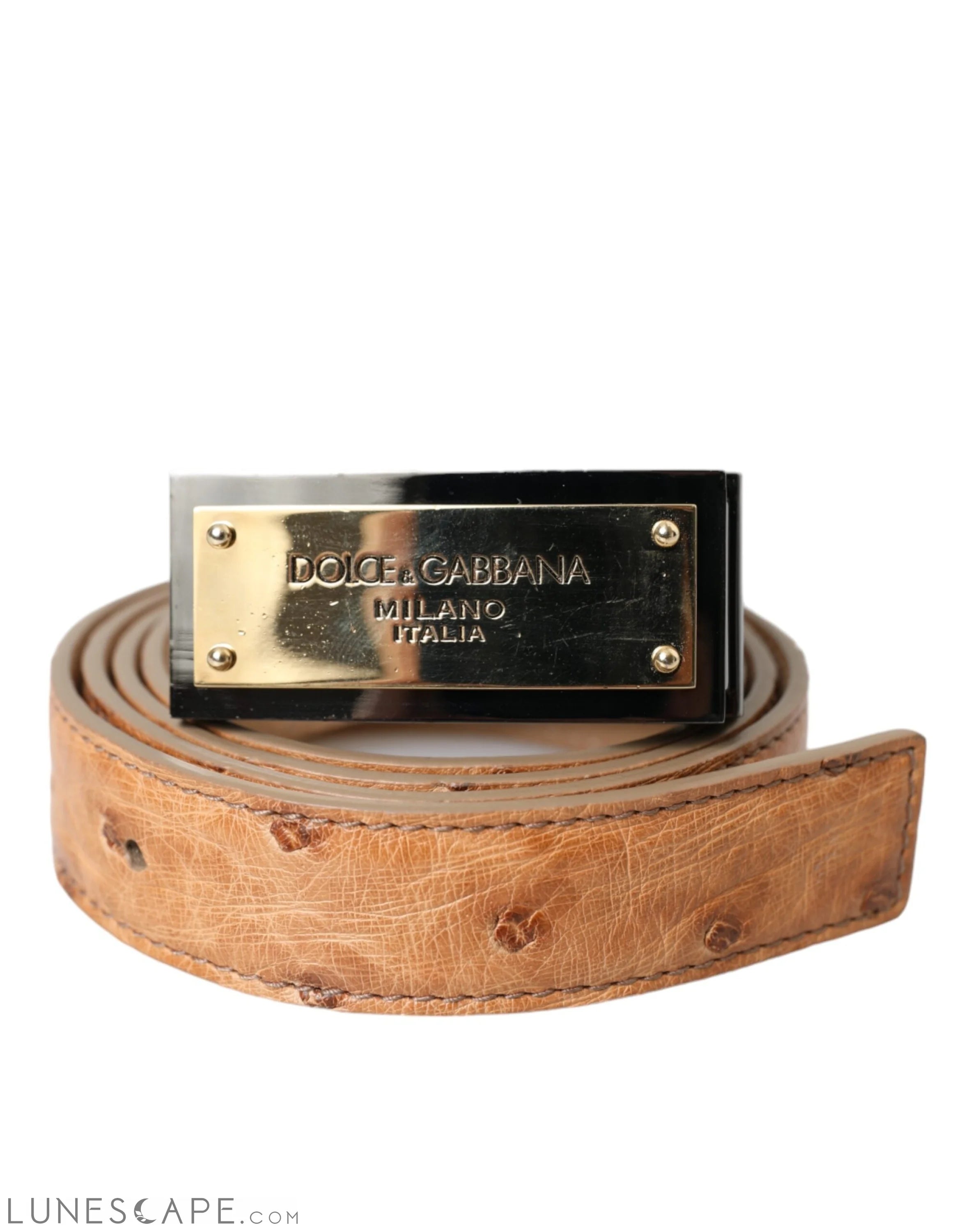 Dolce & Gabbana Beige Leather Gold Logo Engraved Buckle Belt LUNESCAPE