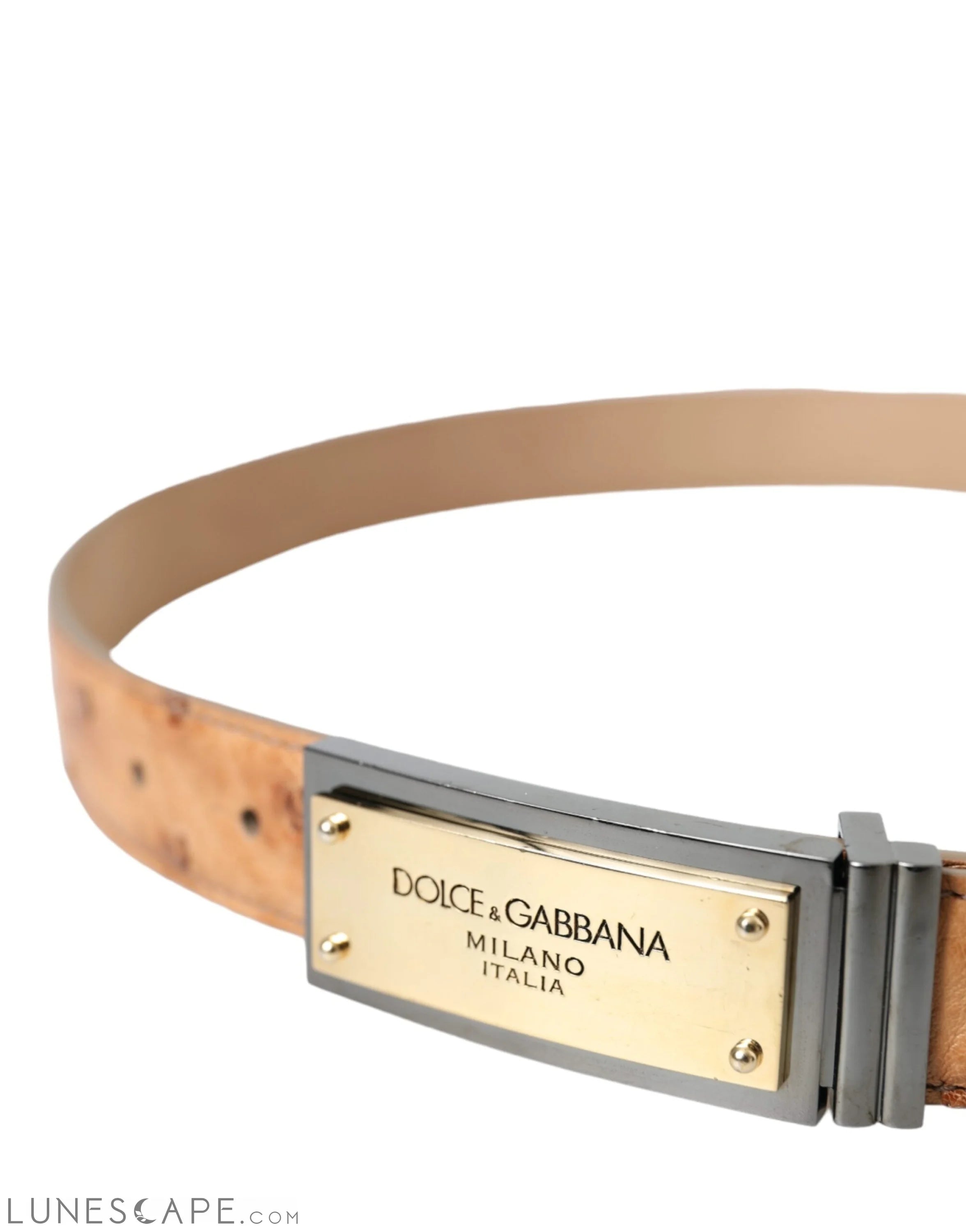 Dolce & Gabbana Beige Leather Gold Logo Engraved Buckle Belt LUNESCAPE