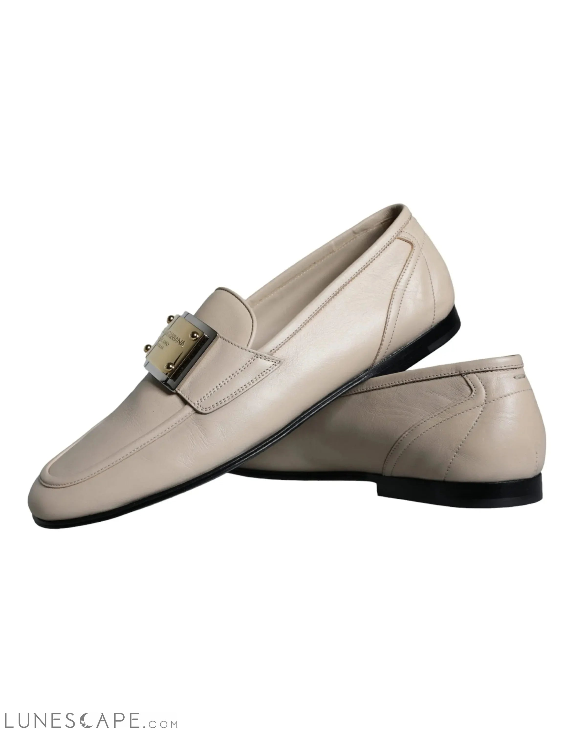 Dolce & Gabbana Beige Leather Logo Plaque Slip On Men Loafers Shoes LUNESCAPE