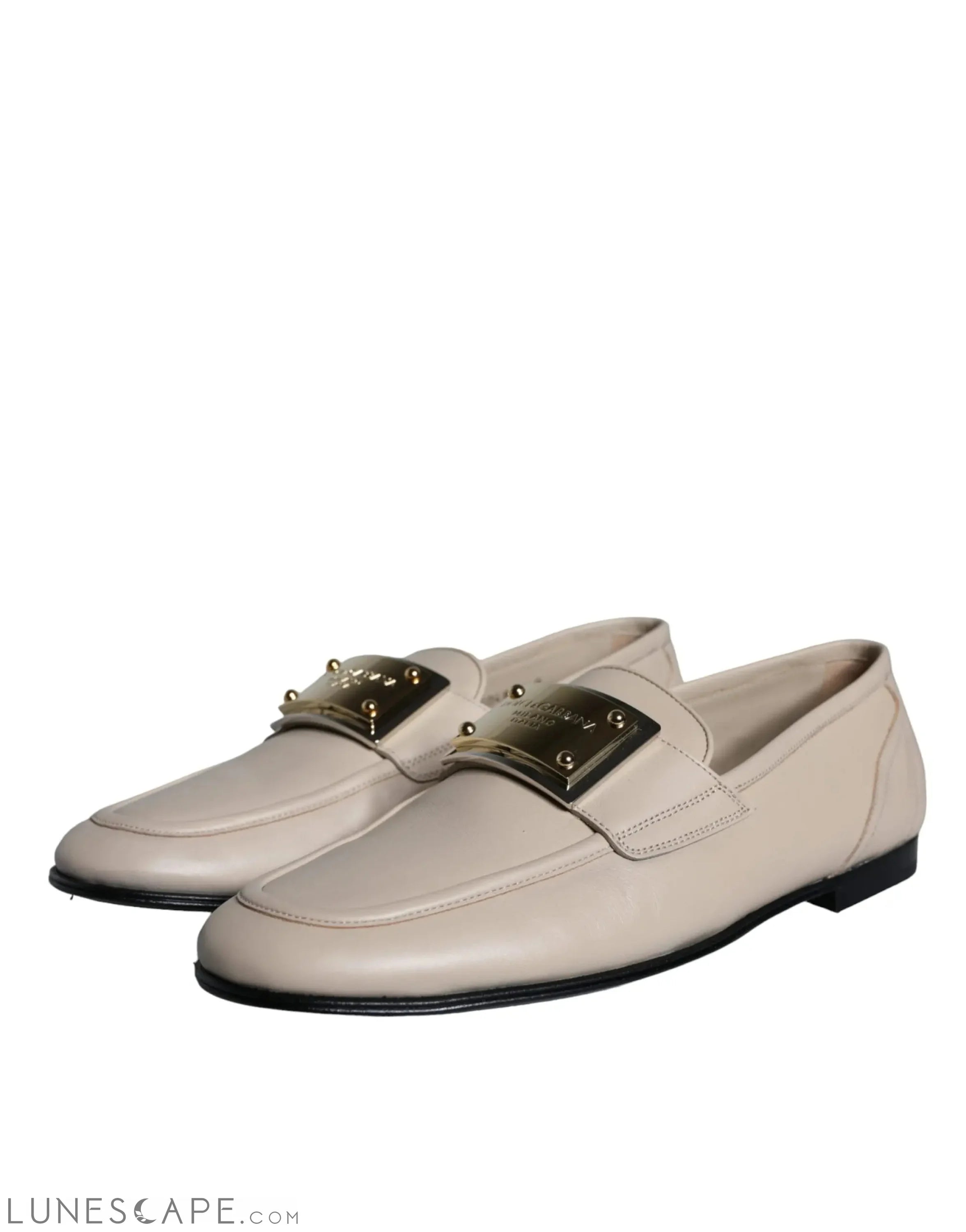 Dolce & Gabbana Beige Leather Logo Plaque Slip On Men Loafers Shoes LUNESCAPE