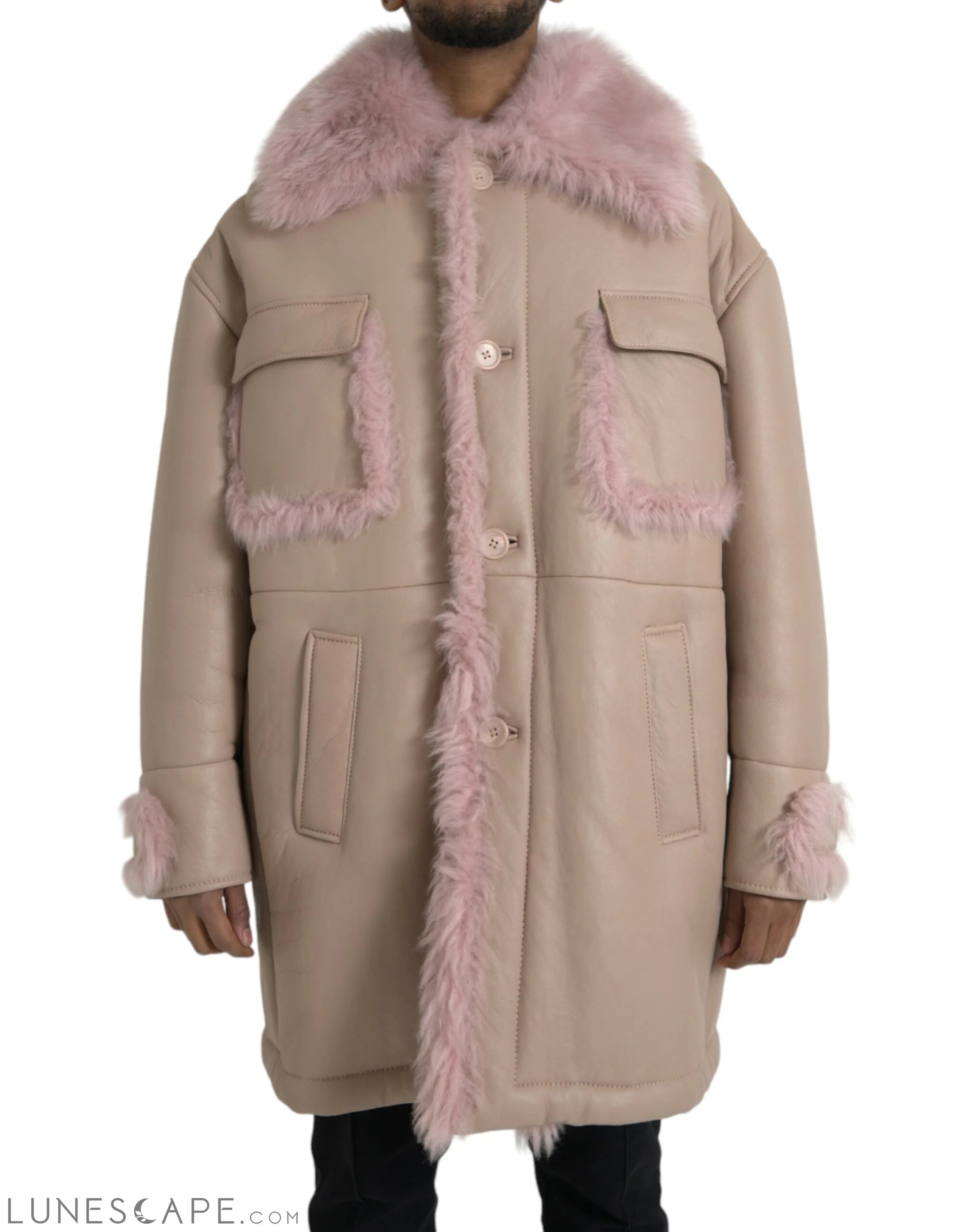 Dolce & Gabbana Beige Pink Lamb Leather Shearling Coat Jacket LUNESCAPE