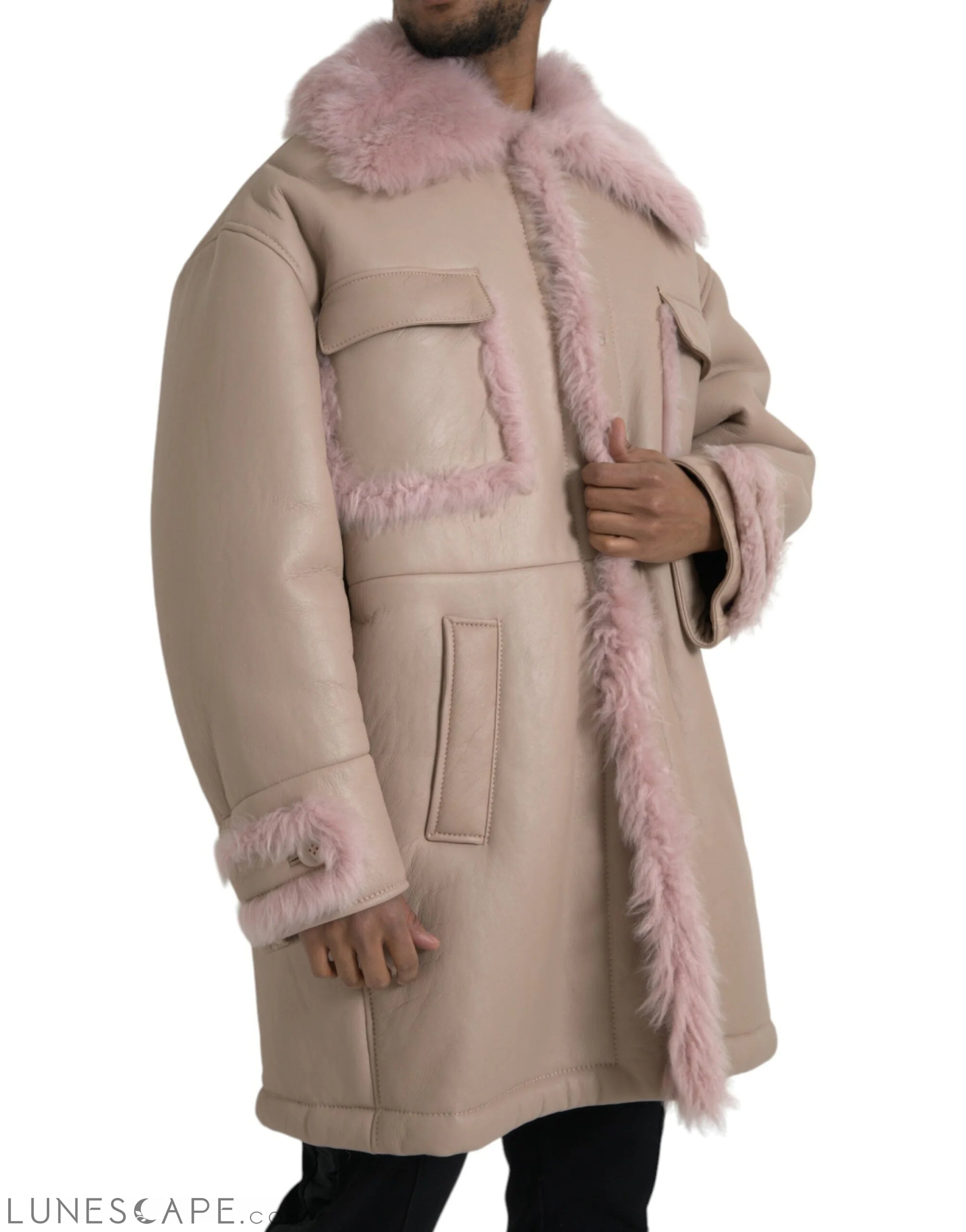 Dolce & Gabbana Beige Pink Lamb Leather Shearling Coat Jacket LUNESCAPE