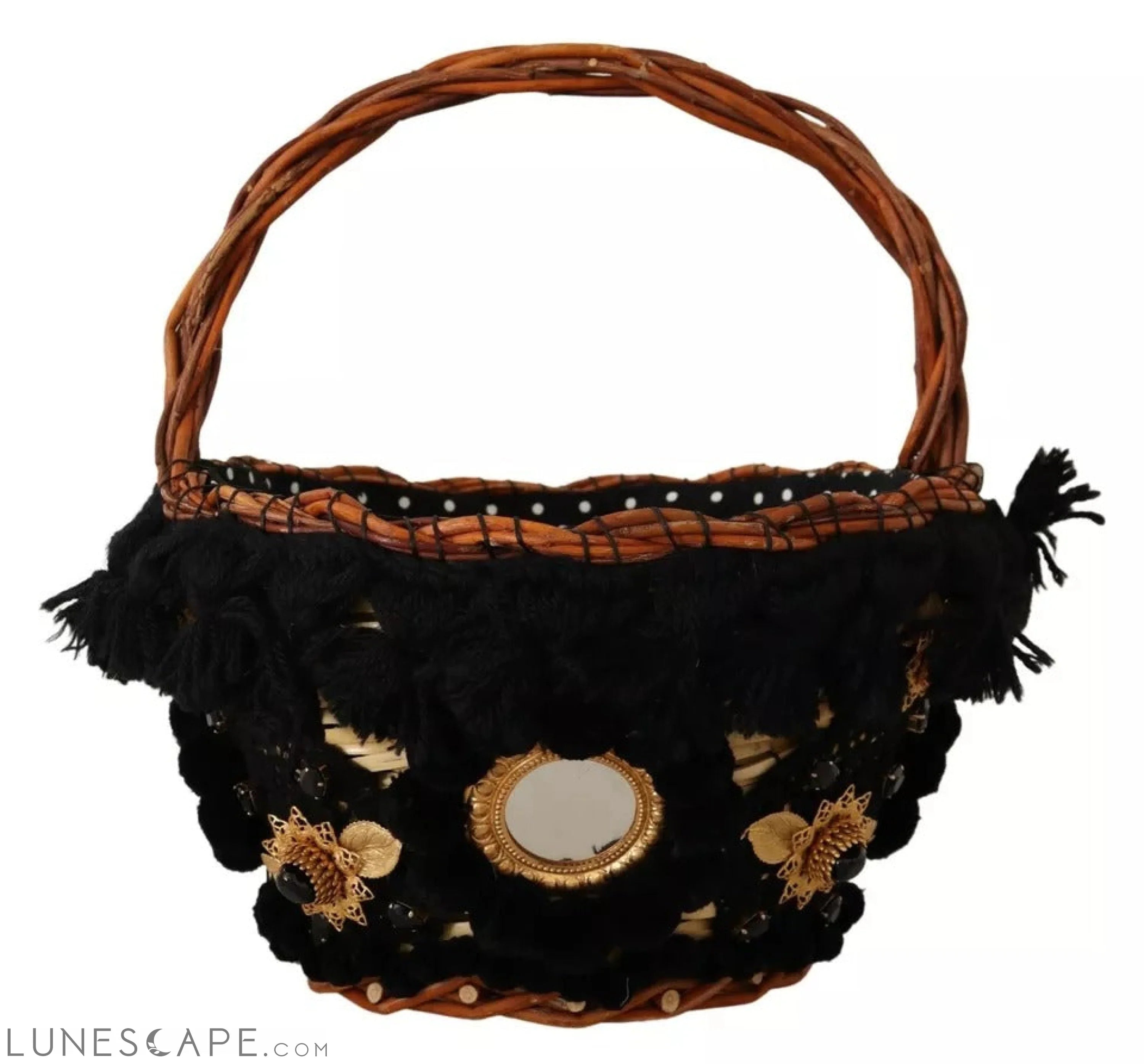 Dolce & Gabbana Black Beige Straw Basket Tote Pom Pom Crystals Bag LUNESCAPE