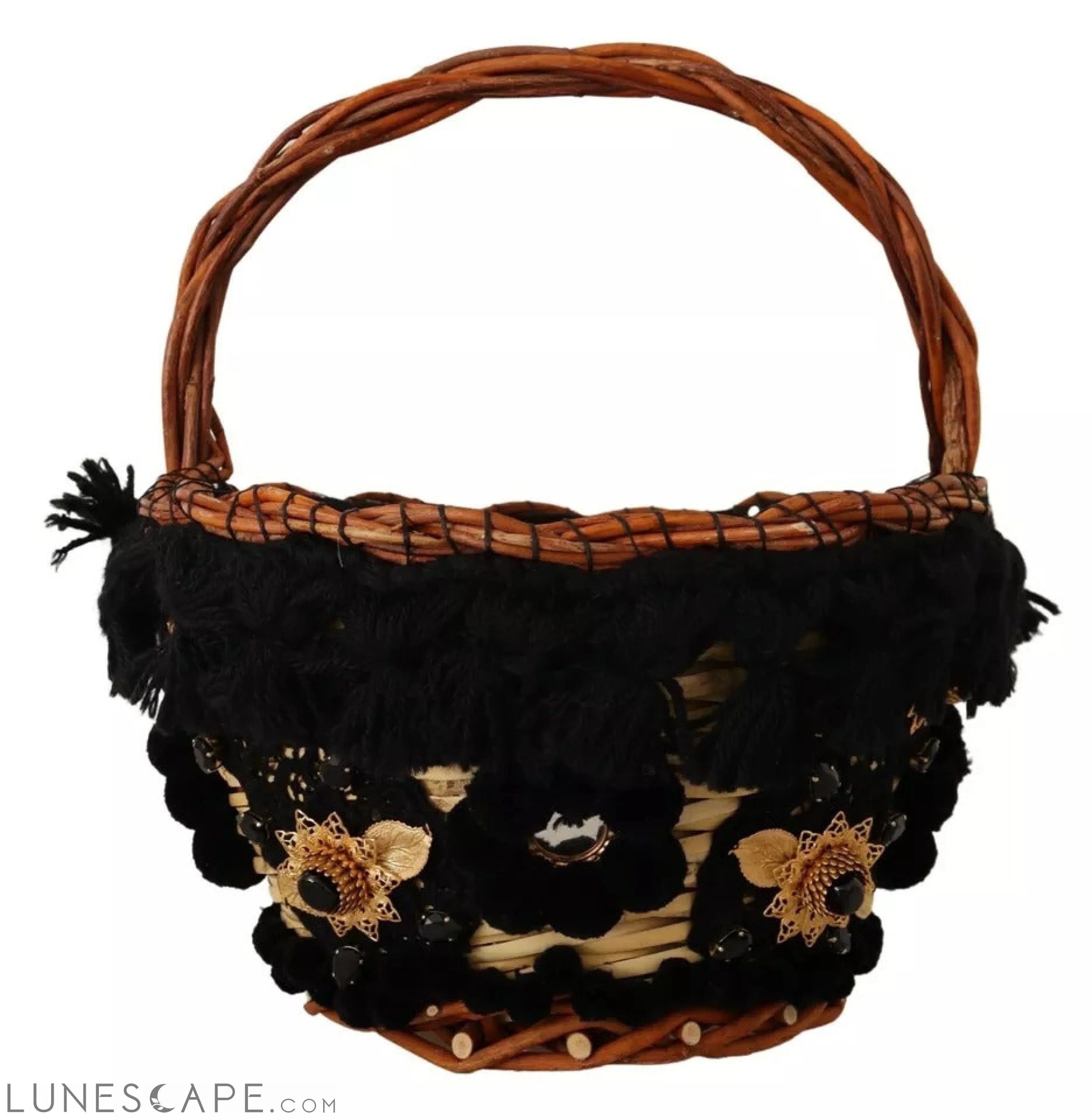 Dolce & Gabbana Black Beige Straw Basket Tote Pom Pom Crystals Bag LUNESCAPE