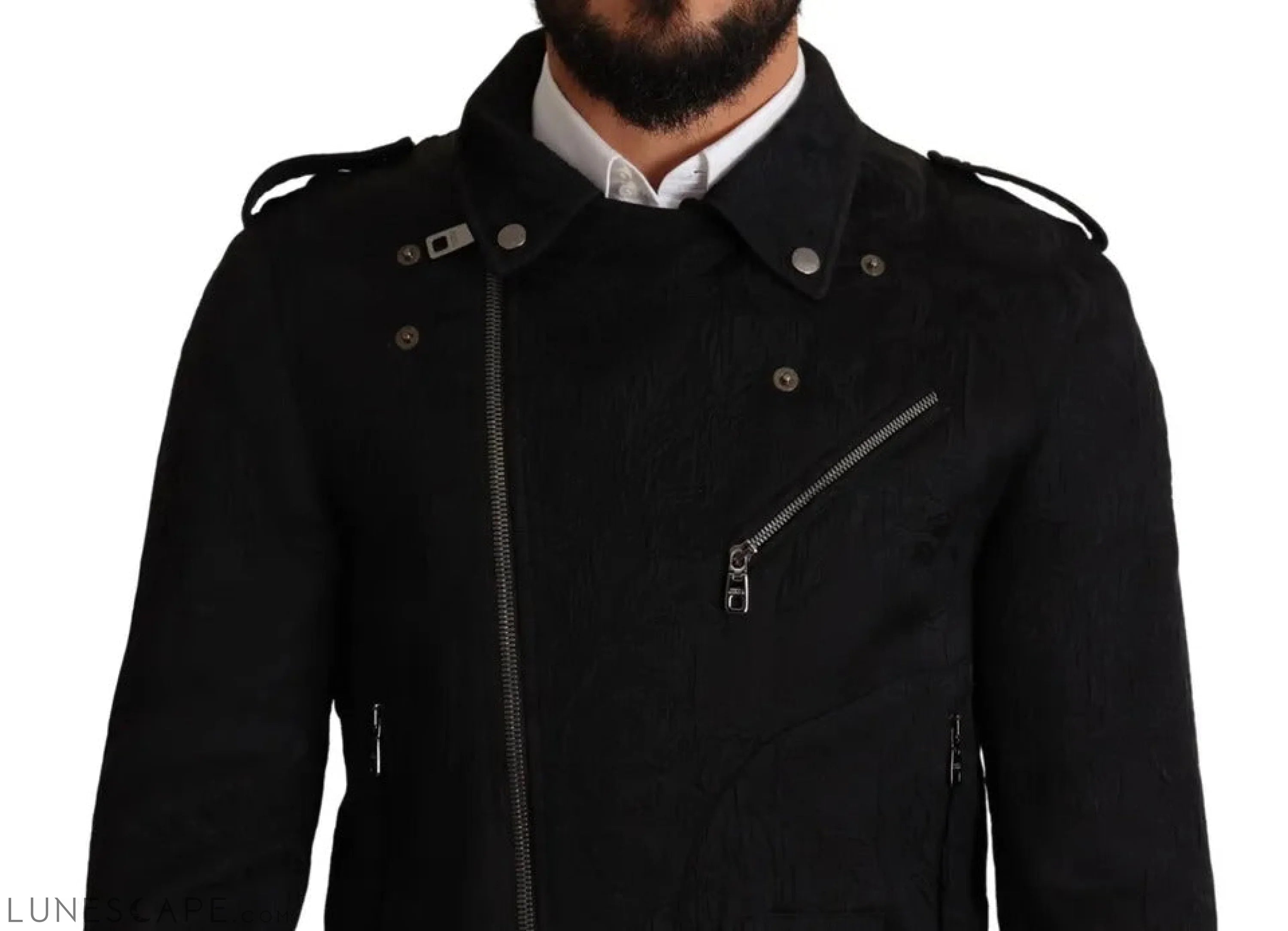 Dolce & Gabbana Black Brocade Full Zip Biker Coat Jacket LUNESCAPE