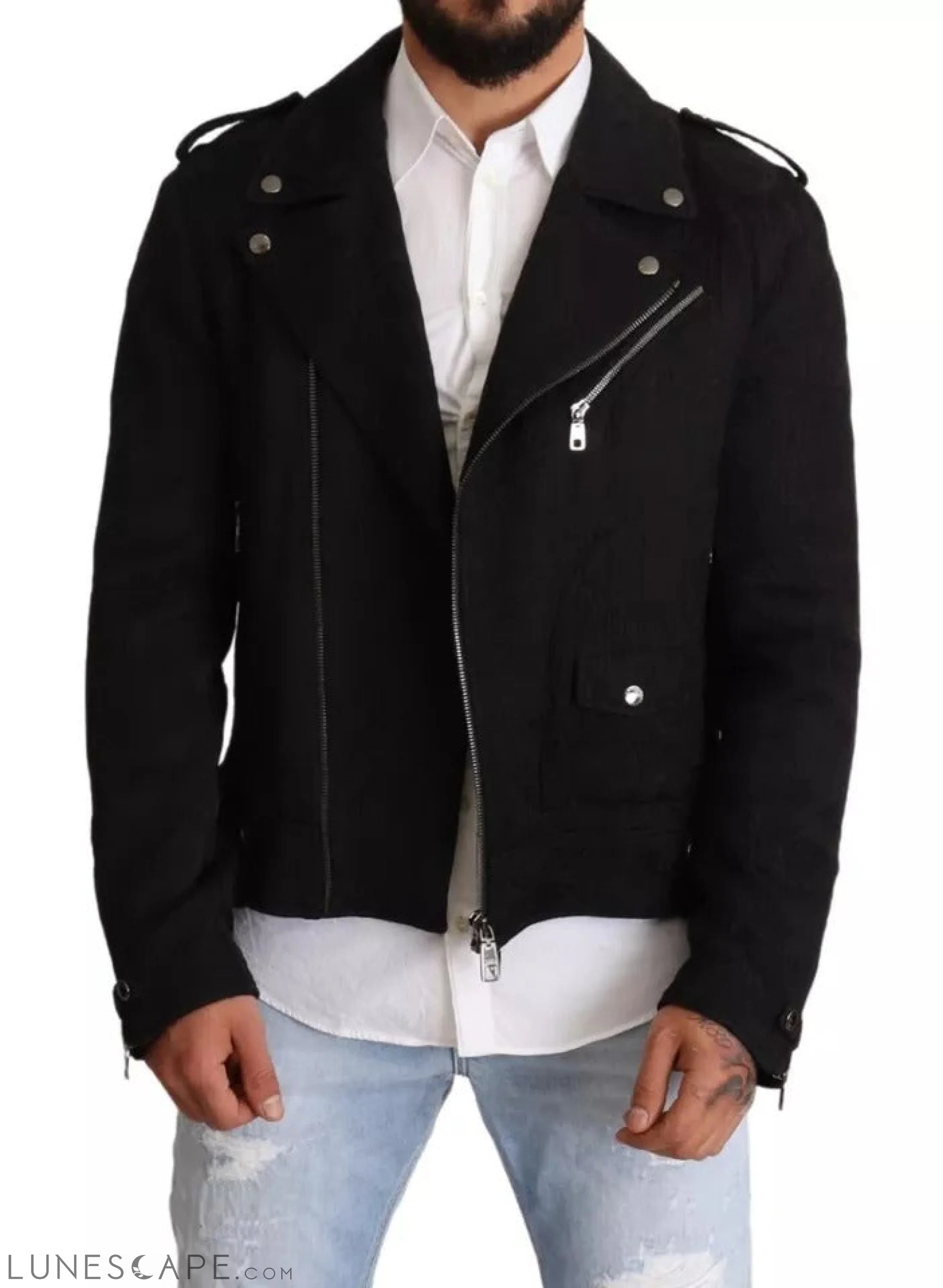 Dolce & Gabbana Black Brocade Full Zip Biker Coat Jacket LUNESCAPE