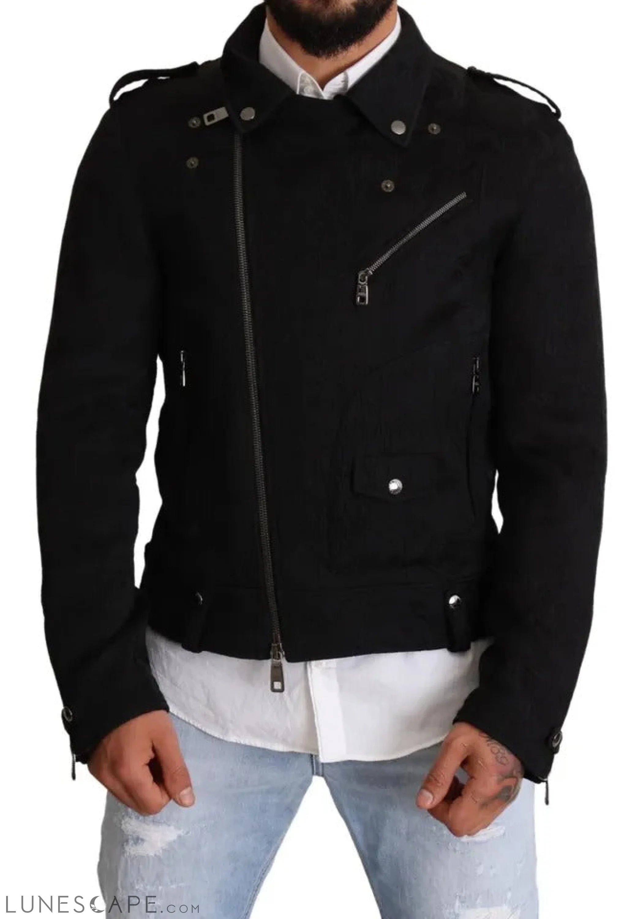 Dolce & Gabbana Black Brocade Full Zip Biker Coat Jacket LUNESCAPE