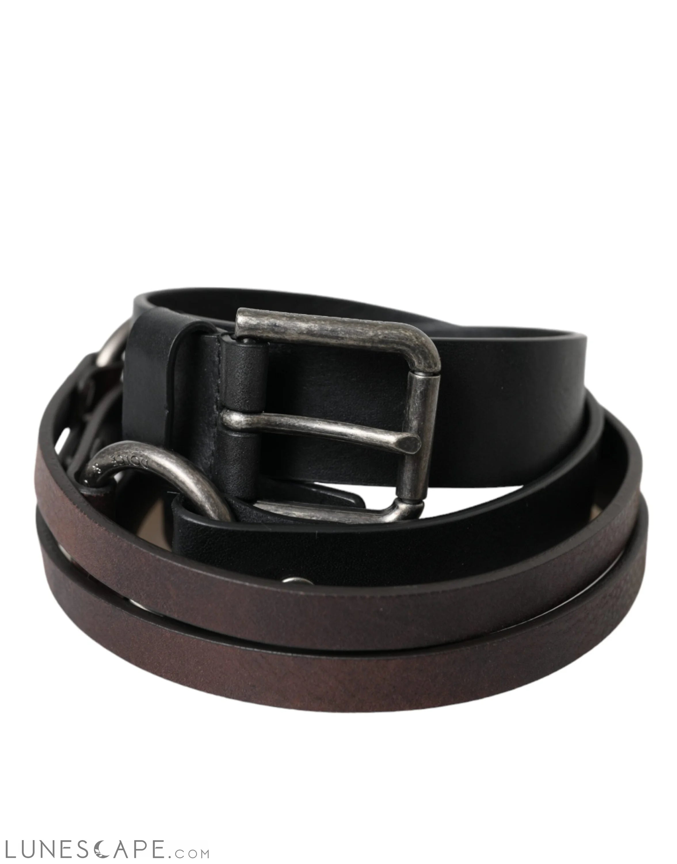 Dolce & Gabbana Black Brown Leather Silver Metal Buckle Belt LUNESCAPE