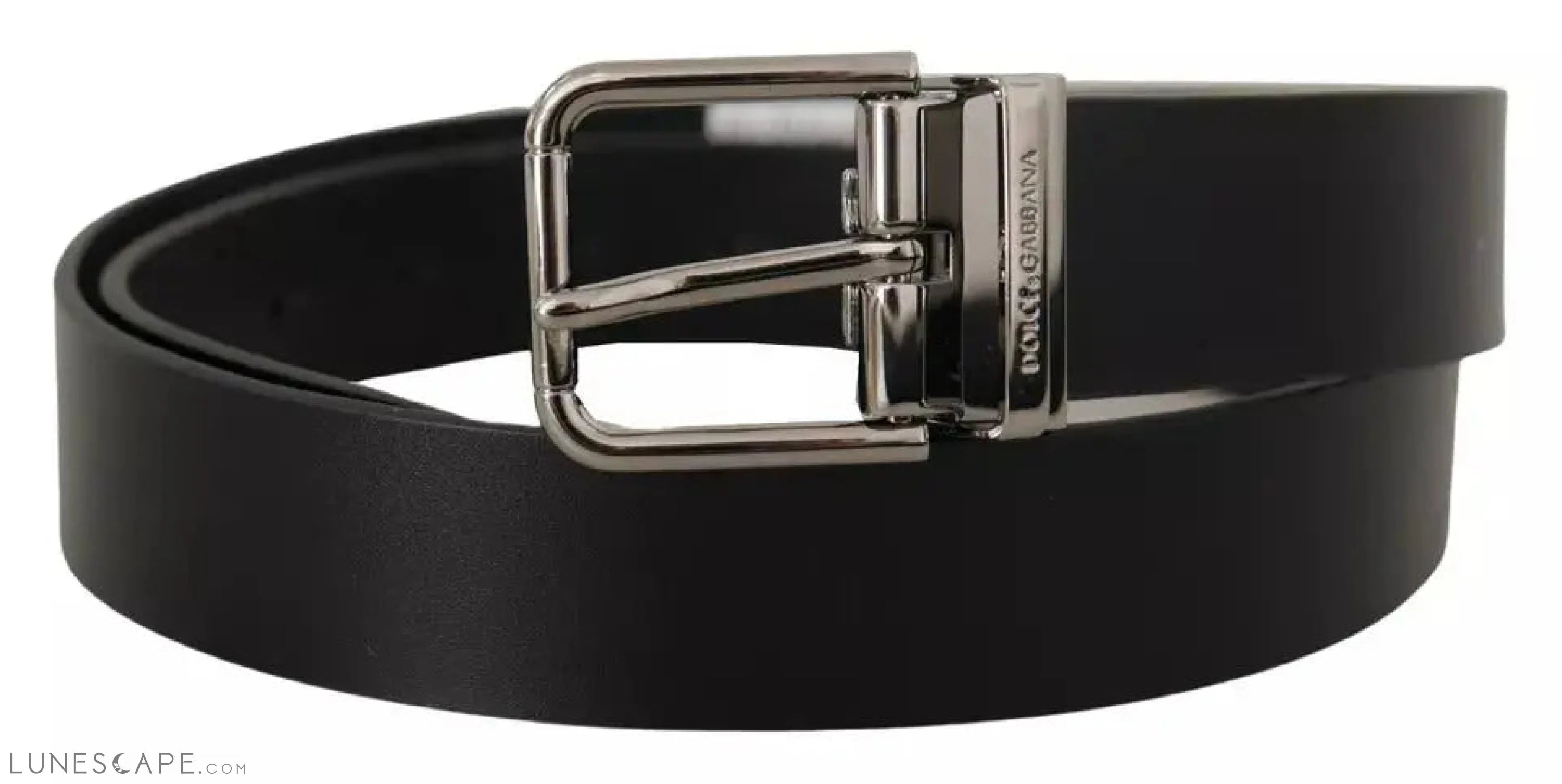 Dolce & Gabbana Black Calf Leather Logo Engraved Metal Buckle Belt LUNESCAPE