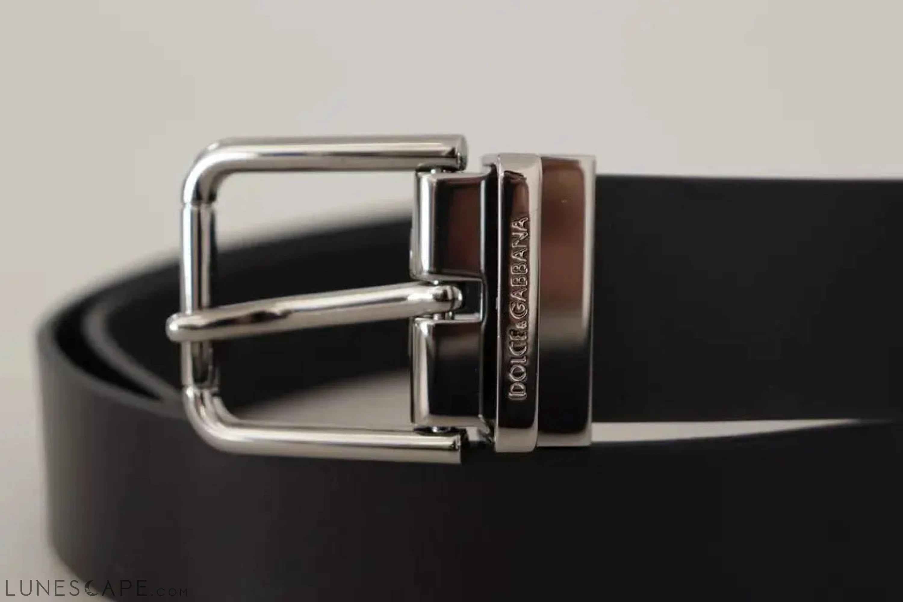 Dolce & Gabbana Black Calf Leather Logo Engraved Metal Buckle Belt LUNESCAPE