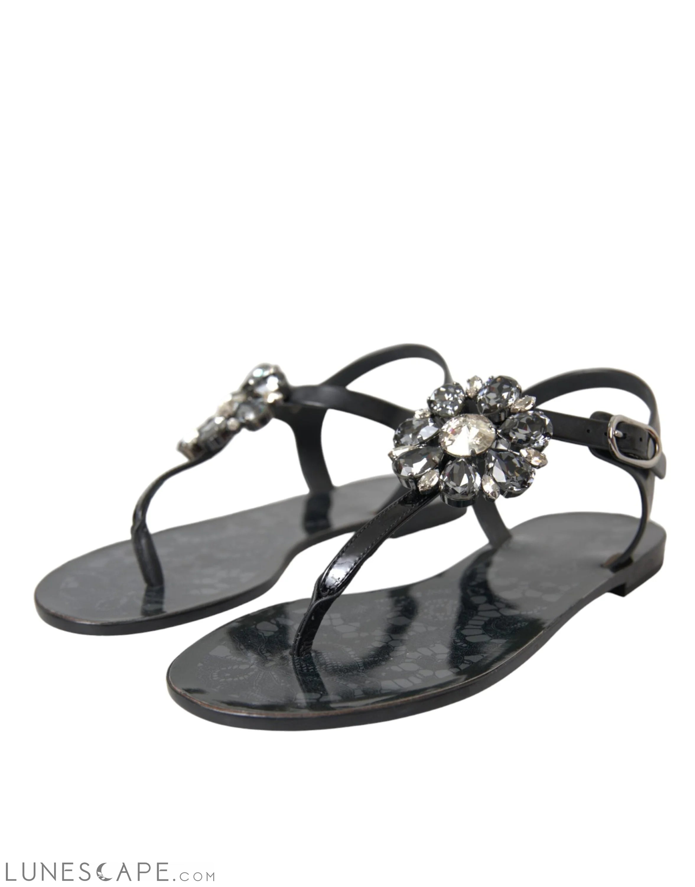 Dolce & Gabbana Black Crystal Flats Sandals Flip Flops Shoes LUNESCAPE