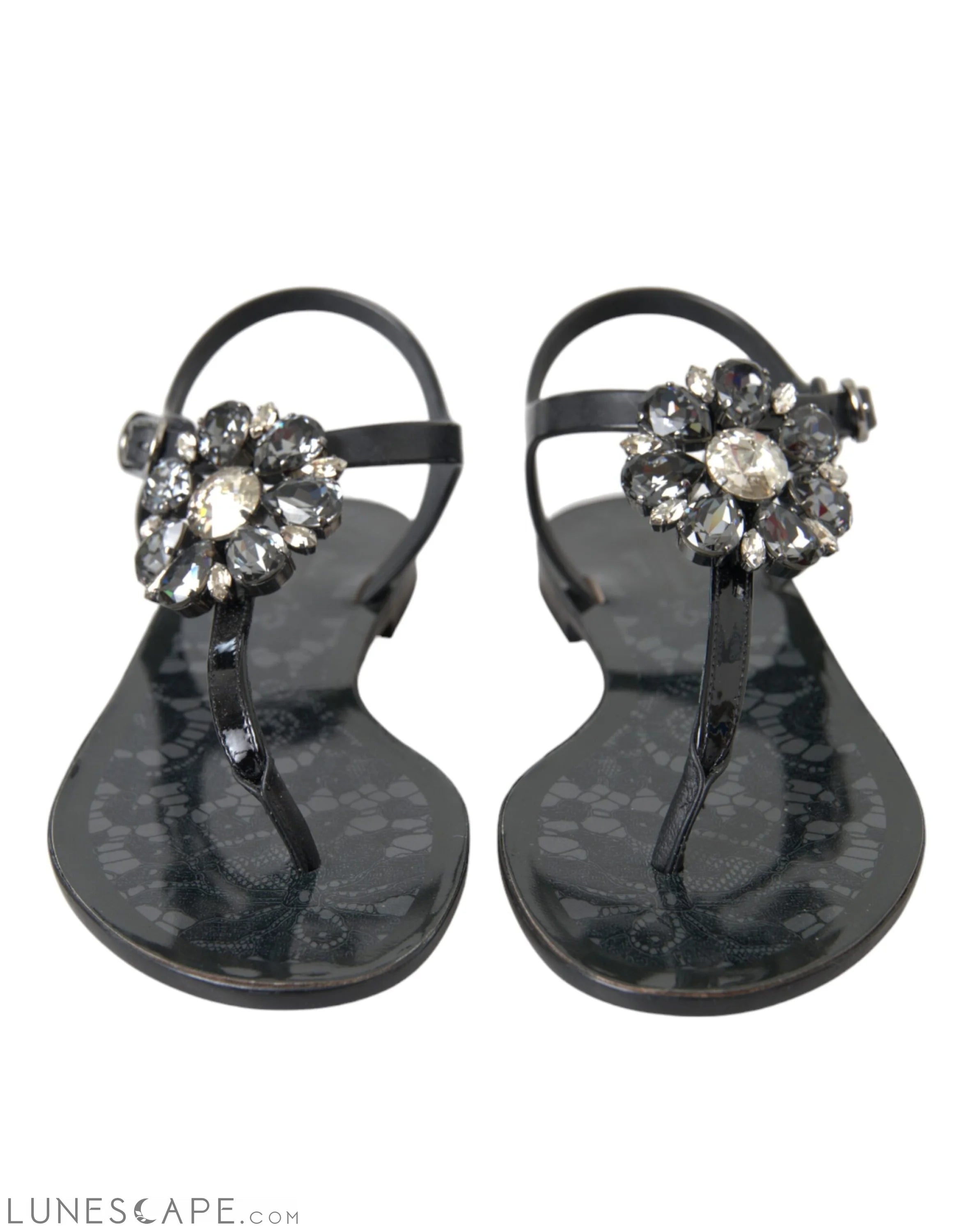 Dolce & Gabbana Black Crystal Flats Sandals Flip Flops Shoes LUNESCAPE