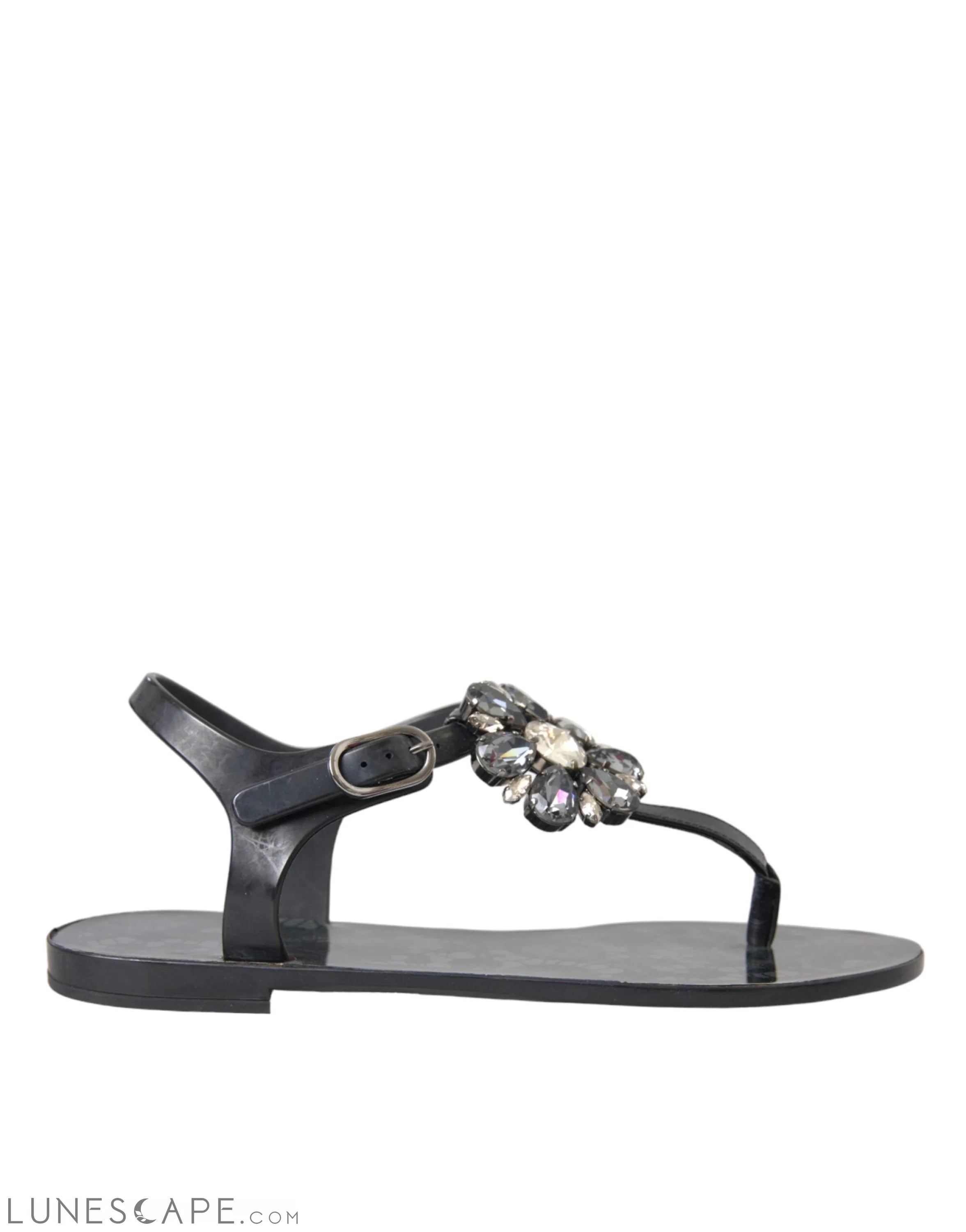 Dolce & Gabbana Black Crystal Flats Sandals Flip Flops Shoes LUNESCAPE