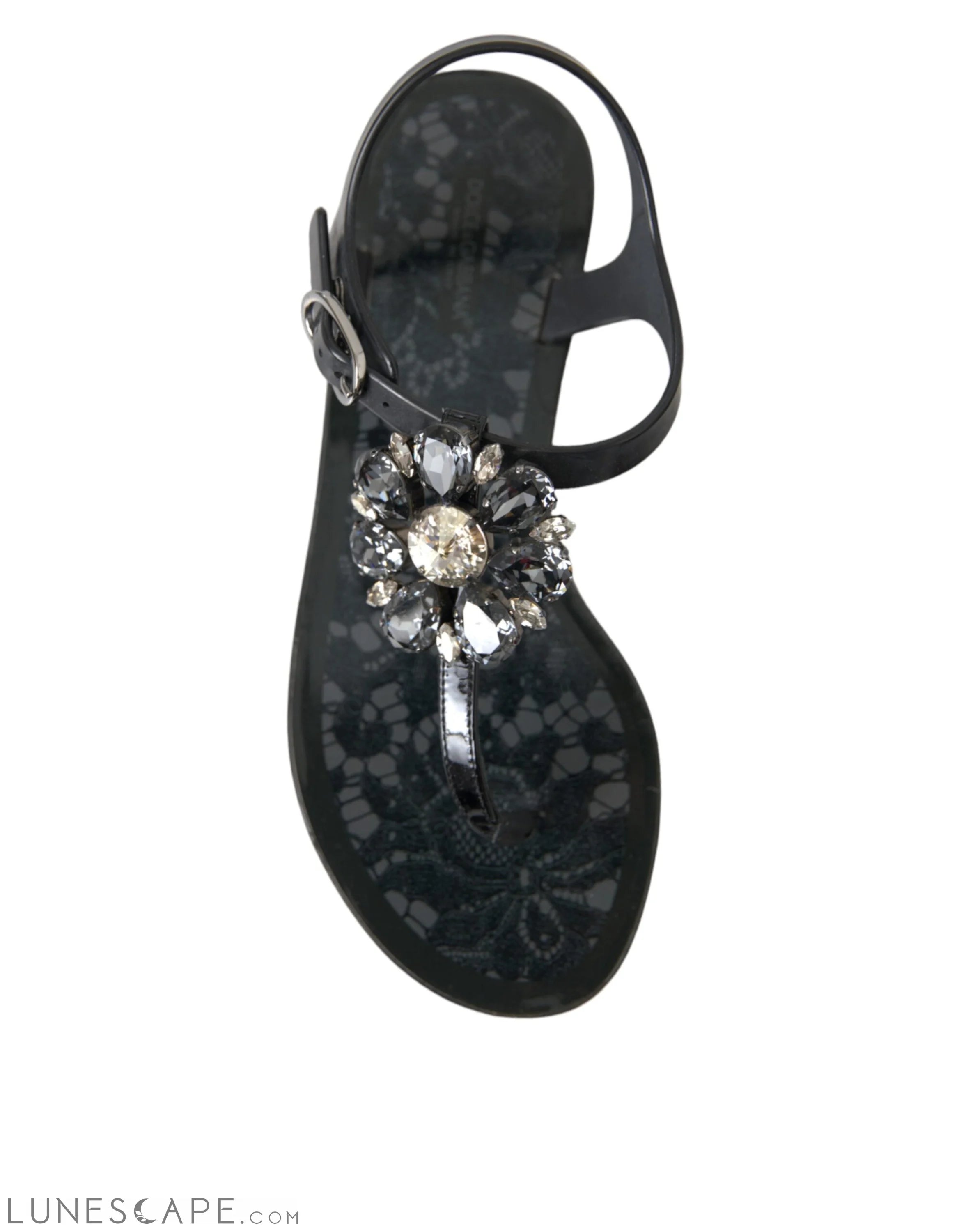 Dolce & Gabbana Black Crystal Flats Sandals Flip Flops Shoes LUNESCAPE